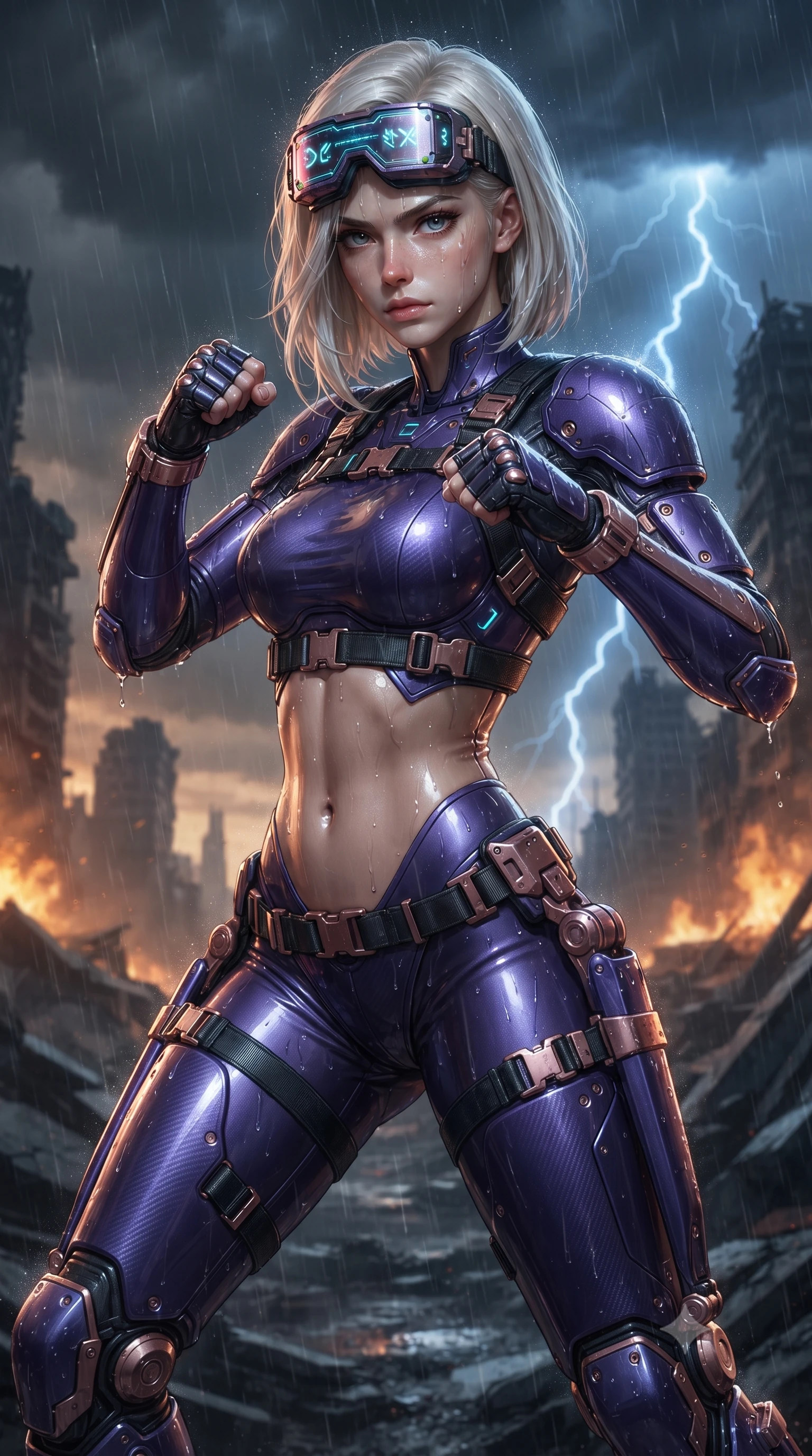 score_9, masterpiece, best quality, ultra-detailed, high-budget anime keyframe, editorial fashion photography, tasteful artistic composition, Caucasian woman. close-up cowboy shot from the waist and thighs up, the character dominates the composition, filling the frame with her large presence. tilting her head slightly with solemn warrior composure, sweat and rain glistening on her sculpted collarbones and high-bridge nose while arching her spine in a fluid combat stance with fists raised as cold rain streams down her sleek armored shoulder pauldrons. The surrounding environment is rendered in vivid detail and crisp panoramic clarity. high-contrast dystopian chiaroscuro and epic ruined metropolis architecture rendered with environmental precision. She has an exceptionally elegant, slender, and willowy female figure with an ultra-slim waist, a gracefully sculpted slender torso, toned flat midriff, and a refined slim silhouette. sharp v-shaped jawline, high-bridge nose, intricate jewel-like eyes with depth, thick eyelashes, glossy lips with a natural sheen, fierce and resolute heroine expression, flawlessly proportioned anatomical accuracy, strict slender model proportions, natural body alignment, perfectly sculpted long slender limbs, ultra-slim waistline, clean dynamic posture without body distortion. wearing high-tech holographic tactical goggles resting tipped up on her forehead, casting glowing neon runes across her brow without obscuring her features, paired with an ultra-sleek high-gloss carbon-composite exoskeleton suit featuring kinetic shock-absorbing shin guards and flexible limb articulation joints in royal purple carbon fiber with distressed rose-gold hardware and buckles, made of liquid carbon-jersey fabric accentuating every curve of her tall, slender model proportions, reinforced by a heavy-duty titanium tactical harness and glowing micro-energy status straps, the form-contouring material adhering flawlessly to her sculpted flat midriff and slender torso, emphasizing her long leg lines and perfectly proportioned willowy build. bathed in ominous amber horizon fire glow and cold blue storm lightning flashes. ultra-reflective glossy finish, specular highlights, dark metallic sheen, high-contrast stereoscopic depth, volumetric dynamic lighting, 2k, ultra detail, master piece, 9:16 ratio