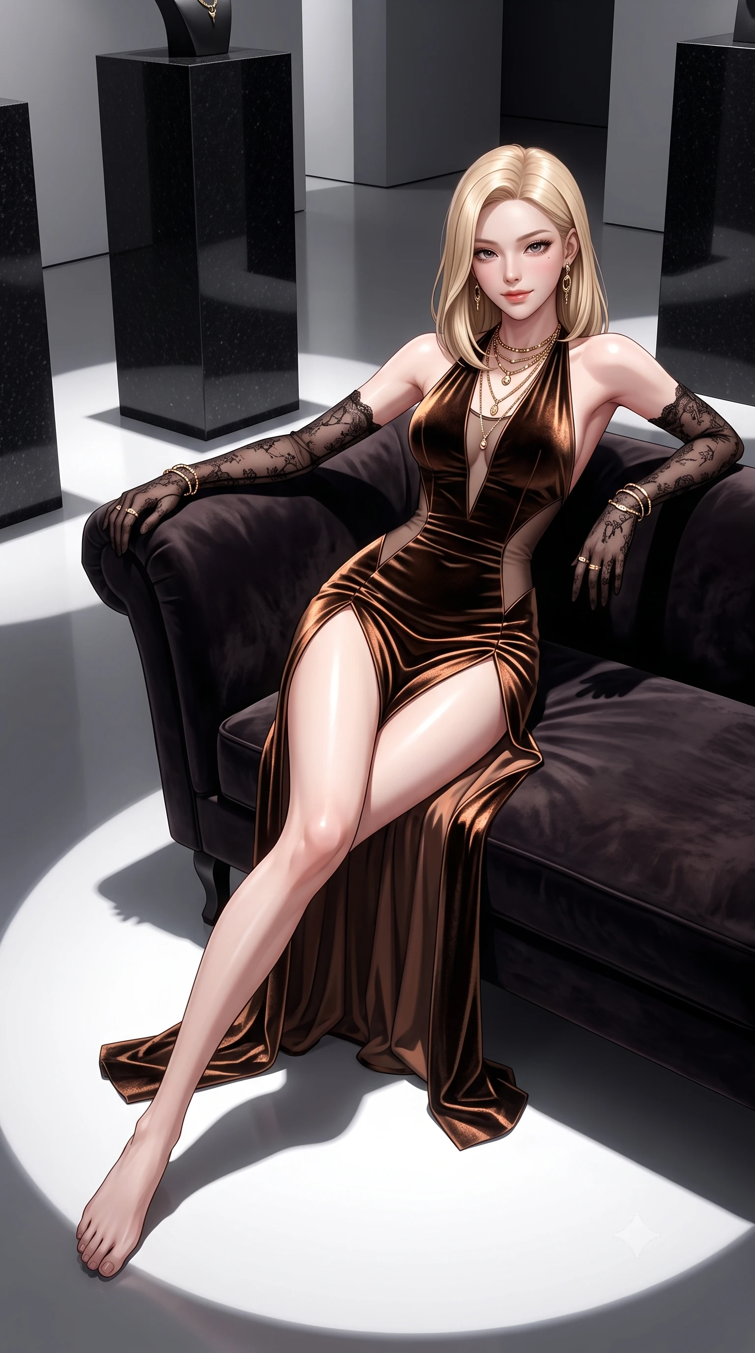 score_9, masterpiece, best quality, ultra-detailed, high-budget anime keyframe, semi-realistic 3D game render, editorial fashion photography, tasteful artistic composition, Korean woman. low angle full-body shot from head to toe showing her feet, filling the entire 9:16 vertical frame with her statuesque presence, stretching her vertical silhouette. reclining gracefully across the plush chaise lounge with one leg extended, her sculpted silhouette and flat midriff radiating magnetic nocturnal glamour while standing tall between towering black granite pedestals, arching her back with sovereign minimalist fashion authority. The surrounding environment is rendered in vivid detail and crisp panoramic clarity: detailed sheer illusion mesh gown inserts, gold jewelry glints, and contemporary exhibition space design in razor-sharp precision. She has an absolutely perfect, statuesque 8.5-heads proportion, an exceptionally tall and slender model-like female figure with impossibly long slender legs, an ultra-slim waist, a flat toned midriff, narrow delicate ribcage, and beautifully sculpted feminine hips creating a graceful, slim hourglass silhouette without any bulky heaviness. sharp v-shaped jawline, high-bridge nose, sparkling eyes with hypnotic seductive depth, thick curled eyelashes, glossy parted lips with a natural dewy peach sheen, alluring bedroom-eyes with an enchanting coquettish smile, exuding magnetic siren charisma and sophisticated glamour, flawlessly proportioned anatomical accuracy, strict slender model proportions, natural body alignment, perfectly sculpted long slender limbs, ultra-slim waistline, clean dynamic posture without body distortion. wearing a slinky backless halterneck column mini dress clinging like a second skin with deep geometric side slits in sultry espresso bronze and metallic copper with velvet sheen, tailored from ultra-plush velvet with rich tactile depth and deep shadow gradients, complemented by sheer opera-length lace evening gloves tracing her slender arms, the second-skin tailored fabric adhering flawlessly to her sculpted flat midriff and slender torso, emphasizing her long leg lines and perfectly proportioned willowy build. bathed in dramatic spotlighting casting crisp geometric pooling circles of white light on the floor. highly saturated vibrant anime colors, detailed shading with soft gradients, rich glossy textures, high-contrast stereoscopic depth, volumetric dynamic lighting, master piece, 9:16 ratio