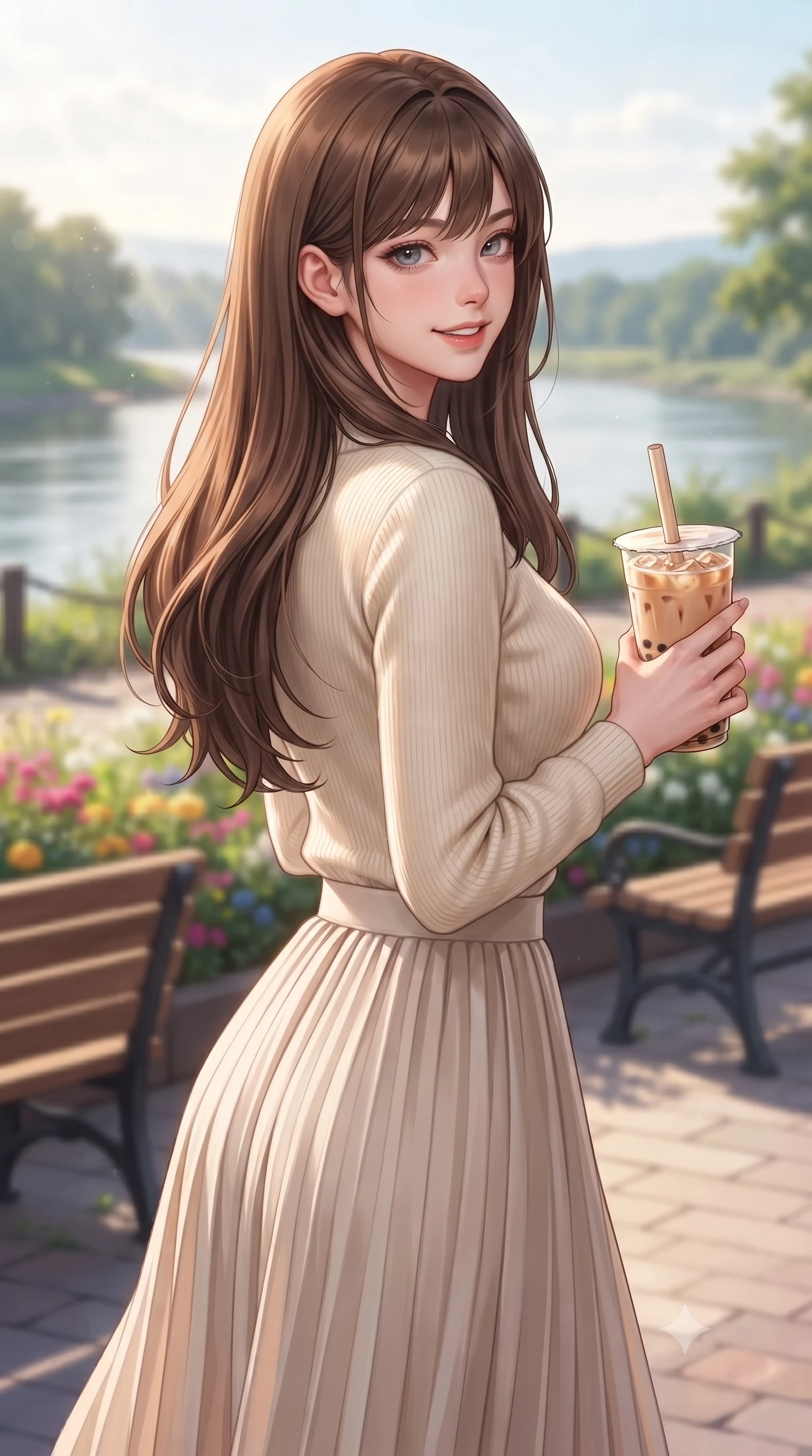 score_9, masterpiece, best quality, ultra-detailed, high-budget anime keyframe, editorial fashion photography, tasteful artistic composition, Korean woman. close-up cowboy shot from the waist and thighs up, the character dominates the composition, filling the frame with her large presence, background elements kept in soft focus. glancing sidelong over her shoulder with an alluring, lingering gaze and a subtle grin set against a soft-focus background of at a scenic river bend overlook with wooden benches and flower beds holding a glass of iced bubble tea with a cheerful expression. She has an exceptionally elegant, slender, and willowy female figure with an ultra-slim waist, a gracefully sculpted slender torso, and a refined silhouette. sharp v-shaped jawline, high-bridge nose, intricate jewel-like eyes with depth, thick eyelashes, glossy lips with a natural sheen. wearing slim-fit cozy knit sweater in cream, paired with a flowy pleated midi skirt. soft afternoon sunbeams creating a peaceful, quiet country atmosphere. highly saturated vibrant anime colors, detailed shading with soft gradients, rich glossy textures, high-contrast stereoscopic depth, volumetric dynamic lighting, master piece, 9:16 ratio