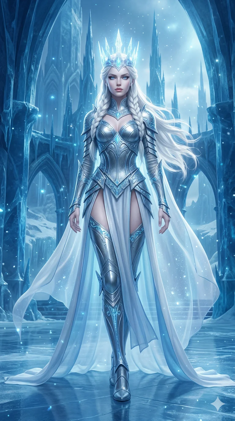 score_9, masterpiece, best quality, ultra-detailed, semi-realistic high-budget 3D game render, an incredibly beautiful ethereal Caucasian woman with flawless pale skin (strictly human ears). Dynamic full-body shot stretching vertically. She is a frost queen in an ice fortress, her crown made of frozen light. She has an absolutely perfect 8-heads proportion, a towering female figure with long slender legs and a delicate skinny aesthetic. Her face is a masterpiece with platinum blonde hair and icy blue eyes. She is wearing a high-cut metallic silver armor with sheer fabric cape, highlighting her alluring silhouette. Shimmering frost and blue light, dramatic rim lighting, radiant glowing skin, 2k, ultra detail, master piece, 9:16 ratio