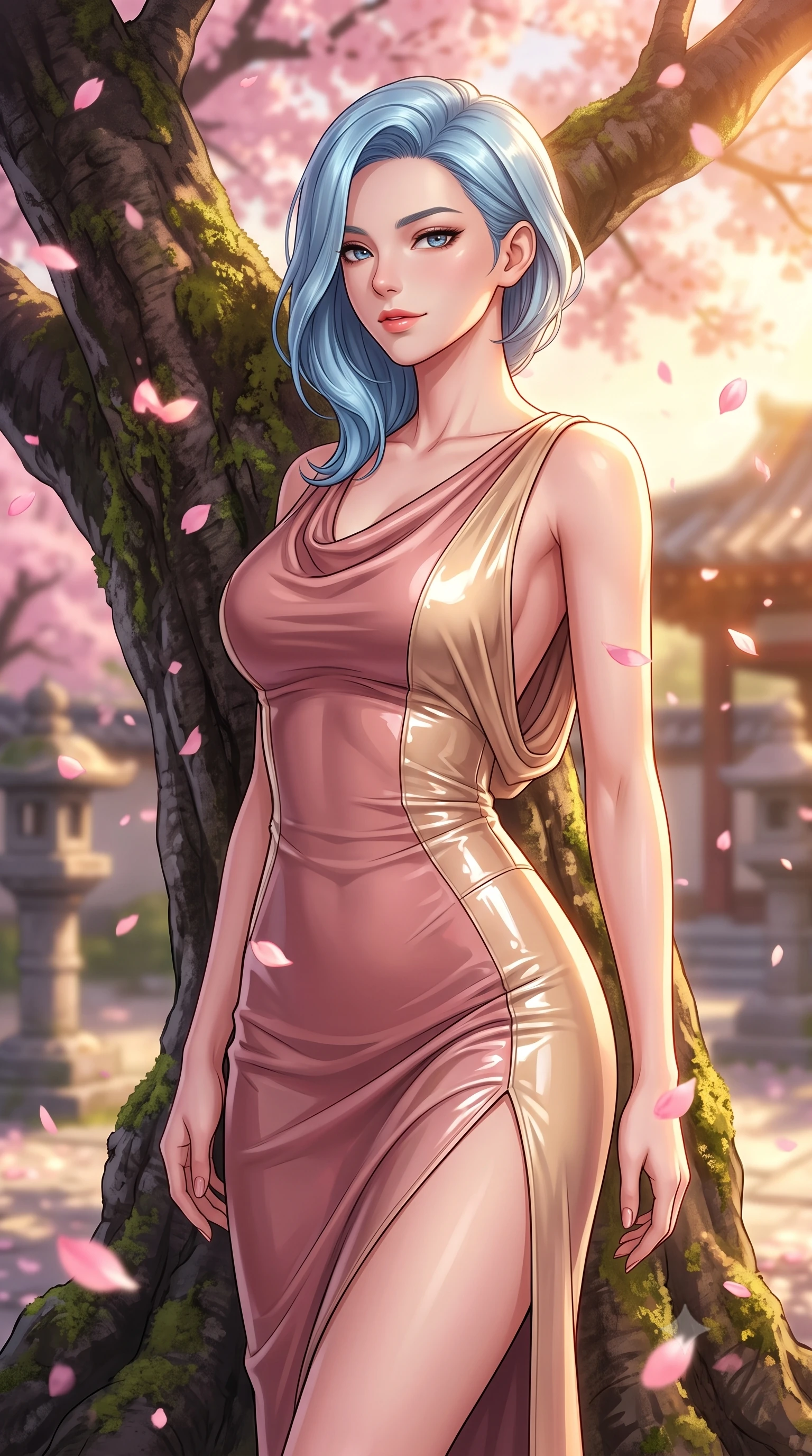 score_9, masterpiece, best quality, ultra-detailed, high-budget anime keyframe, editorial fashion photography, tasteful artistic composition, Korean woman. close-up cowboy shot from the waist and thighs up, the character dominates the composition, filling the frame with her large presence, background elements kept in soft focus. Gazing past the camera with an air of effortless elegance and mysterious confidence resting against a courtyard cherry blossom tree as pink petals rain softly around her, fluttering cherry blossom petals catching warm golden sunset highlights. She has an exceptionally elegant, slender, and willowy female figure with an ultra-slim waist, a gracefully sculpted slender torso, and a refined silhouette. sharp v-shaped jawline, high-bridge nose, intricate jewel-like eyes with depth, thick eyelashes, glossy lips with a natural sheen. wearing a precision-fitted liquid jersey bodycon dress with a draped back in dusty rose and champagne gold, tailored from high-gloss patent leather, finished with a sleek side slit ascending to mid-thigh, the elegant draped fit framing her graceful clavicle and slender torso. bathed in brilliant golden hour sunset rays and warm amber ambient light. highly saturated vibrant anime colors, detailed shading with soft gradients, rich glossy textures, high-contrast stereoscopic depth, volumetric dynamic lighting, master piece, 9:16 ratio