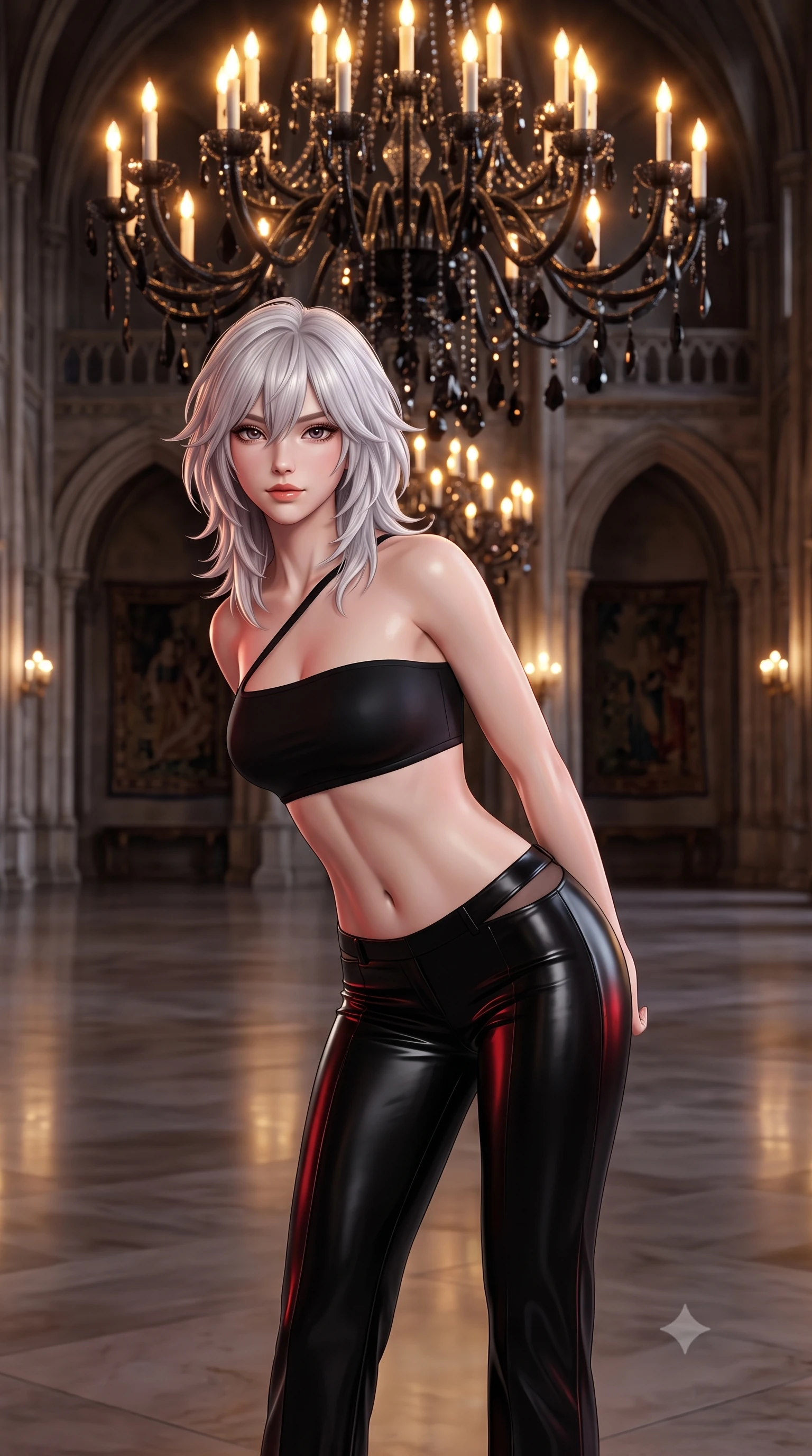 score_9, masterpiece, best quality, ultra-detailed, high-budget anime keyframe, semi-realistic 3D game render, editorial fashion photography, tasteful artistic composition, Japanese woman. close-up cowboy shot from the waist and thighs up, the character dominates the composition, filling the frame with her large presence. leaning forward while arching her lower back to accentuate her curvy hips, looking into the camera with an intoxicating smoldering gaze and bedroom-eyes while standing poised in the center of the vast deserted ballroom under a colossal black-crystal chandelier, arching her back with supreme elegance. The background shows a soft-focus polished ballroom floor reflections softened in opulent gothic shallow focus. She has an exceptionally elegant, slender, and willowy female figure with an ultra-slim waist, flat toned midriff, narrow ribcage, and sculpted feminine hips creating an alluring, slim hourglass silhouette without bulk. sharp v-shaped jawline, high-bridge nose, sparkling eyes with hypnotic seductive depth, thick curled eyelashes, glossy parted lips with a natural dewy peach sheen, alluring bedroom-eyes with an enchanting coquettish smile, exuding magnetic siren charisma and sophisticated glamour, flawlessly proportioned anatomical accuracy, strict slender model proportions, natural body alignment, perfectly sculpted long slender limbs, ultra-slim waistline, clean dynamic posture without body distortion. wearing a form-contouring one-shoulder minimalist bandeau top paired with low-rise tailored trousers with sheer hip cutouts in wet-look onyx black with crimson specular reflections, tailored from fine structural neoprene with crisp architectural edges and smooth contouring, complemented by strappy stiletto sandals with crystal ankle wraps accentuating her slender calves, the glove-like clinging cut tightly following the natural contour of her hips and long slender legs with youthful 8.5-heads elegance. bathed in the glittering amber-and-gold brilliance of black-crystal chandelier candle bulbs. highly saturated vibrant anime colors, detailed shading with soft gradients, rich glossy textures, high-contrast stereoscopic depth, volumetric dynamic lighting, master piece, 9:16 ratio