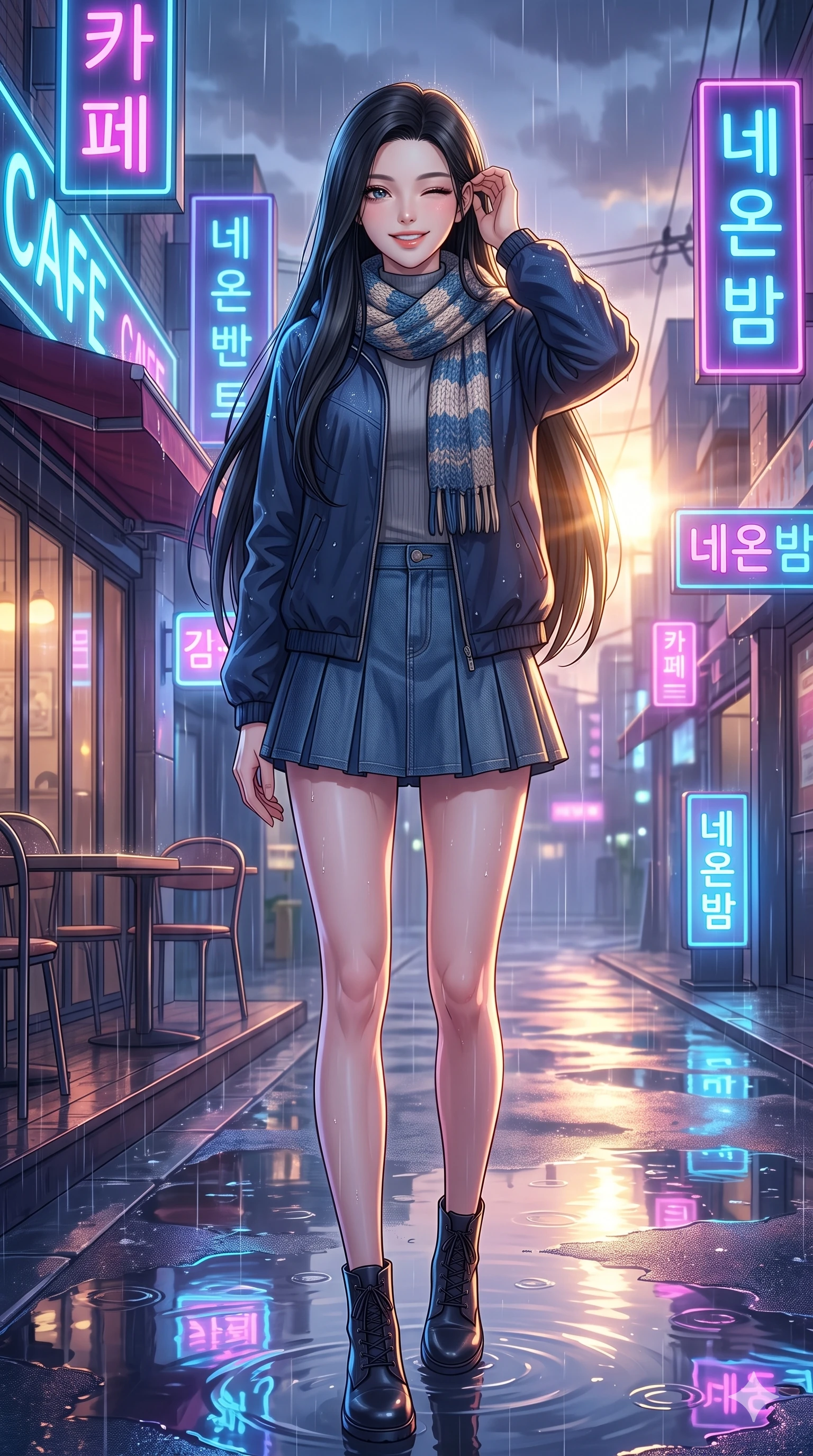 score_9, masterpiece, best quality, ultra-detailed, high-budget anime keyframe, vibrant anime aesthetic, Korean woman. low angle full-body shot from head to toe showing her feet, filling the entire 9:16 vertical frame with her statuesque presence, stretching her vertical silhouette. She is smiling delightfully while tucking a lock of hair behind her ear, gazing at the camera with sparkling eyes with a gentle tilt of her head. by a glowing neon-lit cafe terrace overlooking a reflective puddle-filled street during a twilight shower (Code-P22-006). She has an absolutely perfect 8-heads proportion, an exceptionally tall and slender female figure with impossibly long slender legs and an ultra-slim waist. V-shaped jawline, high-bridge nose, intricate jewel-like eyes with depth, thick eyelashes, glossy lips with a natural sheen. wearing a modern windbreaker in navy over a high-neck shirt and a pleated denim skirt with a knitted scarf. She is bathed in soft, glowing golden hour sun casting long, elegant shadows, highlighting her winking face and glossy lips in the rainy afternoon. 2k, ultra detail, master piece, 9:16 ratio