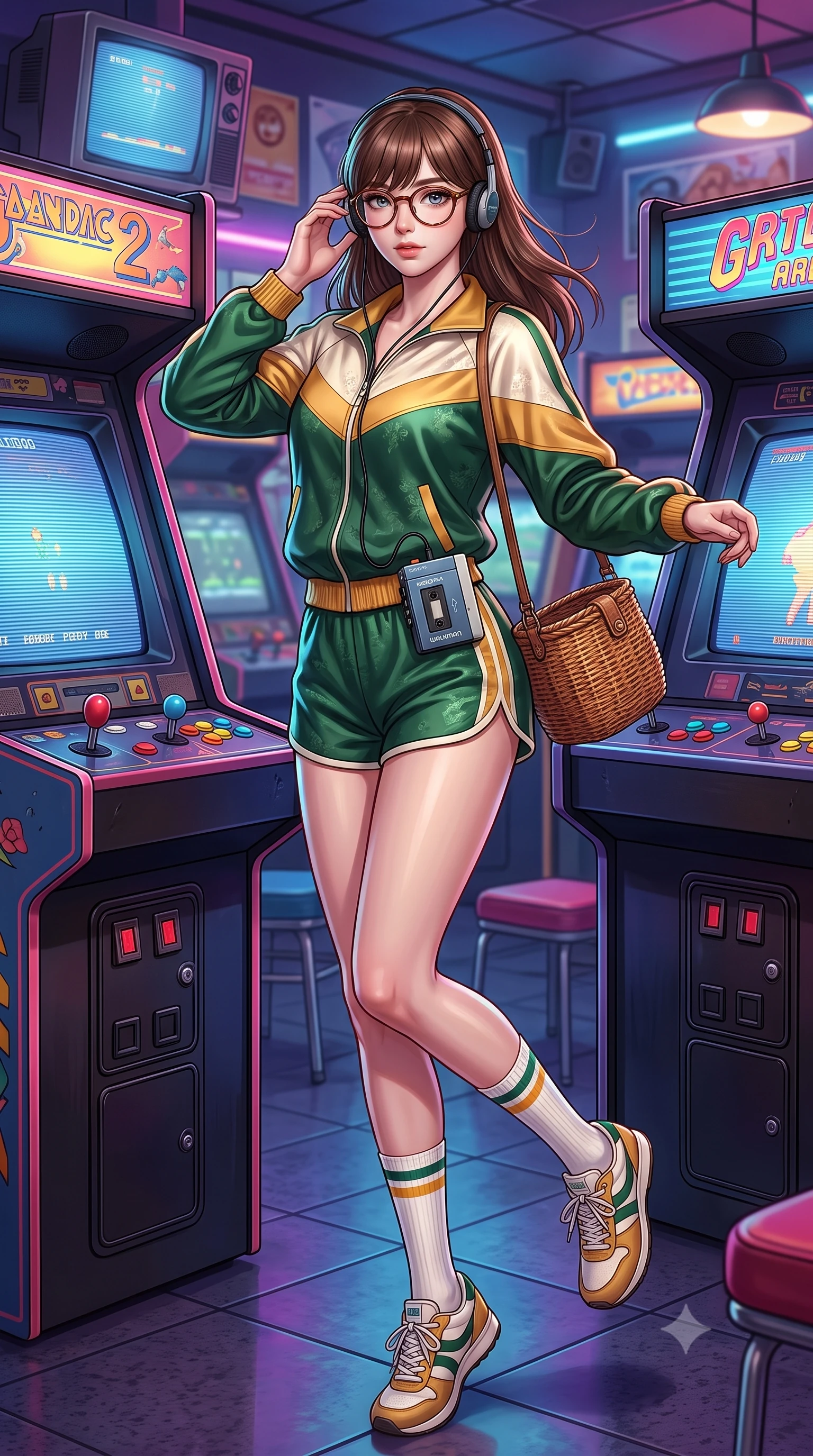 score_9, masterpiece, best quality, ultra-detailed, high-budget anime keyframe, semi-realistic 3D game render, editorial fashion photography, tasteful artistic composition, Korean woman. low angle full-body shot from head to toe showing her feet, filling the entire 9:16 vertical frame with her statuesque presence, stretching her vertical silhouette. executing an elegant mid-motion spin with effortless grace, her garments fluttering softly around her ultra-slim waistline while standing in a buzzing 1980s neon arcade game center, wearing retro on-ear foam headphones plugged into a vintage cassette Walkman. The surrounding environment is rendered in vivid detail and crisp panoramic clarity. sharp CRT monitor scanlines, coin-op joystick and button details, and retro Walkman metallic casing in deep focus. She has an absolutely perfect, statuesque 8.5-heads proportion, an exceptionally tall and slender model-like female figure with impossibly long slender legs, a toned flat midriff, and an ultra-slim waist. sharp v-shaped jawline, high-bridge nose, intricate jewel-like eyes with depth, thick eyelashes, glossy lips with a natural sheen, captivating and magnetic expression, flawlessly proportioned anatomical accuracy, strict slender model proportions, natural body alignment, perfectly sculpted long slender limbs, ultra-slim waistline, clean dynamic posture without body distortion. wearing a sporty 80s retro track jacket paired with high-waisted dolphin running shorts and tube socks in forest green, cream, and mustard yellow, crafted from liquid-smooth silk satin with subtle floral jacquard, accessorized with a rustic woven wicker basket bag and round tortoiseshell glasses, the breezy yet form-flattering drape swaying gracefully with her steps, accentuating her long willowy limbs and slim waistline. surrounded by a playful, energetic, and delightfully charming 80s arcade sweetheart aura. highly saturated vibrant anime colors, detailed shading with soft gradients, rich glossy textures, high-contrast stereoscopic depth, volumetric dynamic lighting, master piece, 9:16 ratio