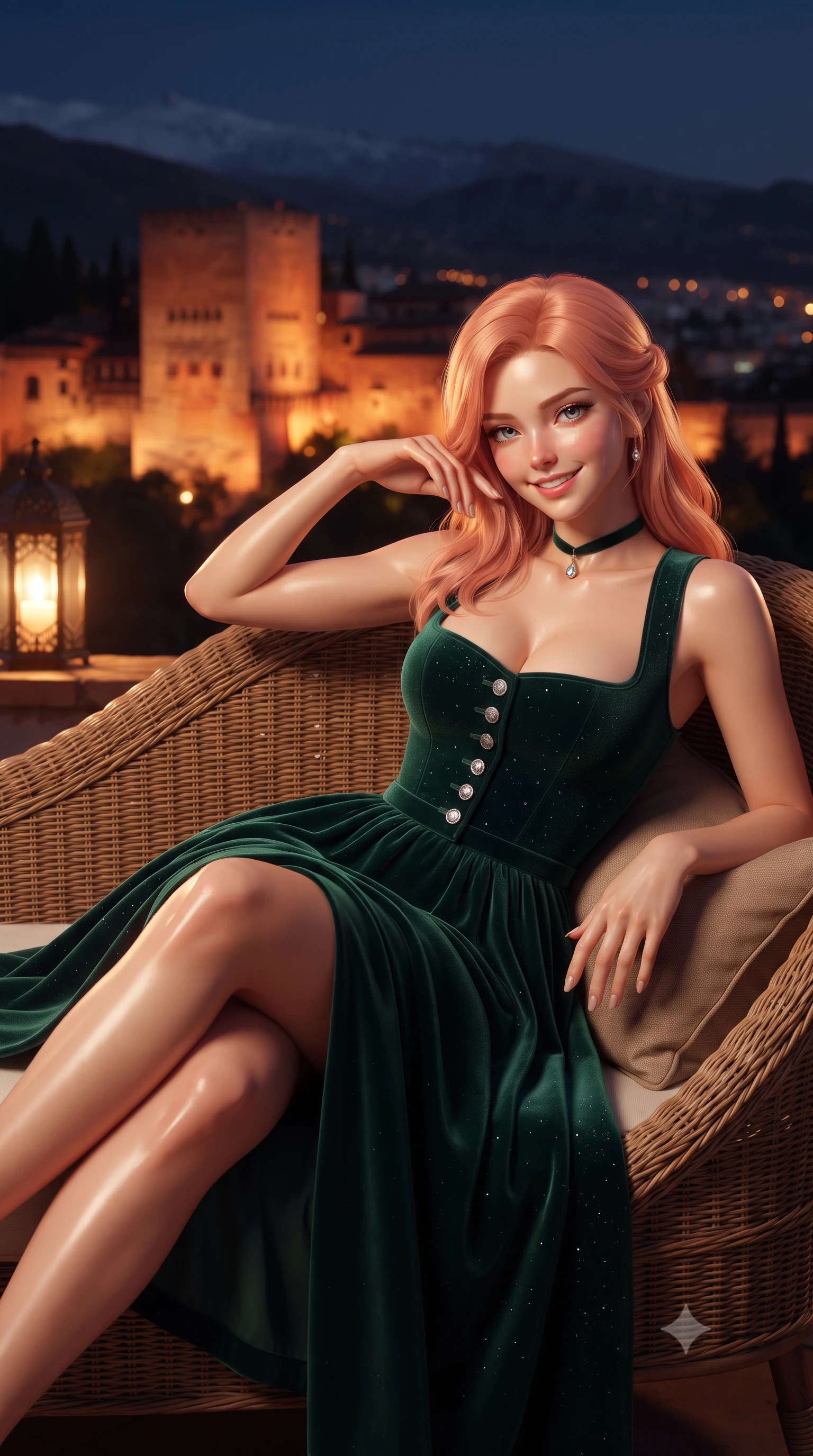 score_9, masterpiece, best quality, ultra-detailed, high-budget anime keyframe, editorial fashion photography, tasteful artistic composition, Japanese woman. close-up cowboy shot from the waist and thighs up, the character dominates the composition, filling the frame with her large presence. tilting her head with a teasing half-smile, running one hand slowly down the side of her hip in a flirtatious S-curve as ambient light caresses her silhouette while lounging in the woven rattan daybed propped on one elbow with legs crossed, running one manicured hand slowly along her hip with magnetic charm. The background shows a soft-focus monumental glowing red stone towers of the Alhambra against the midnight Sierra Nevada peaks, Granada city lights, blurred into amber, crimson, and obsidian bokeh. She has an exceptionally elegant, slender, and willowy female figure with an ultra-slim waist, flat toned midriff, narrow ribcage, and sculpted feminine hips creating an alluring, slim hourglass silhouette without bulk. sharp v-shaped jawline, high-bridge nose, intricate jewel-like sparkling eyes with depth, thick eyelashes, glossy parted lips with a natural peach sheen, bright cheerful beaming smile with an enchanting and coquettish sensual glint, exuding both youthful cute charm and seductive allure, flawlessly proportioned anatomical accuracy, strict slender model proportions, natural body alignment, perfectly sculpted long slender limbs, ultra-slim waistline, clean dynamic posture without body distortion. wearing a regal Bavarian Alpine velvet dirndl-inspired tailored evening gown with delicate silver heraldic buttons in Arctic aurora borealis emerald and starlight diamond, crafted from bespoke double-faced cashmere with an exceptionally soft tactile finish, finished with a thin velvet ribbon choker and a single teardrop diamond pendant, the bespoke structured tailoring following the natural line of her 8.5-heads silhouette with refined elegance. bathed in the warm 2500K glow of outdoor wrought-iron lanterns mixed with golden Alhambra fortress floodlight wash. ultra-reflective glossy finish, specular highlights, rich textural contrasts, high-contrast stereoscopic depth, volumetric dynamic lighting, 2k, ultra detail, master piece, 9:16 ratio