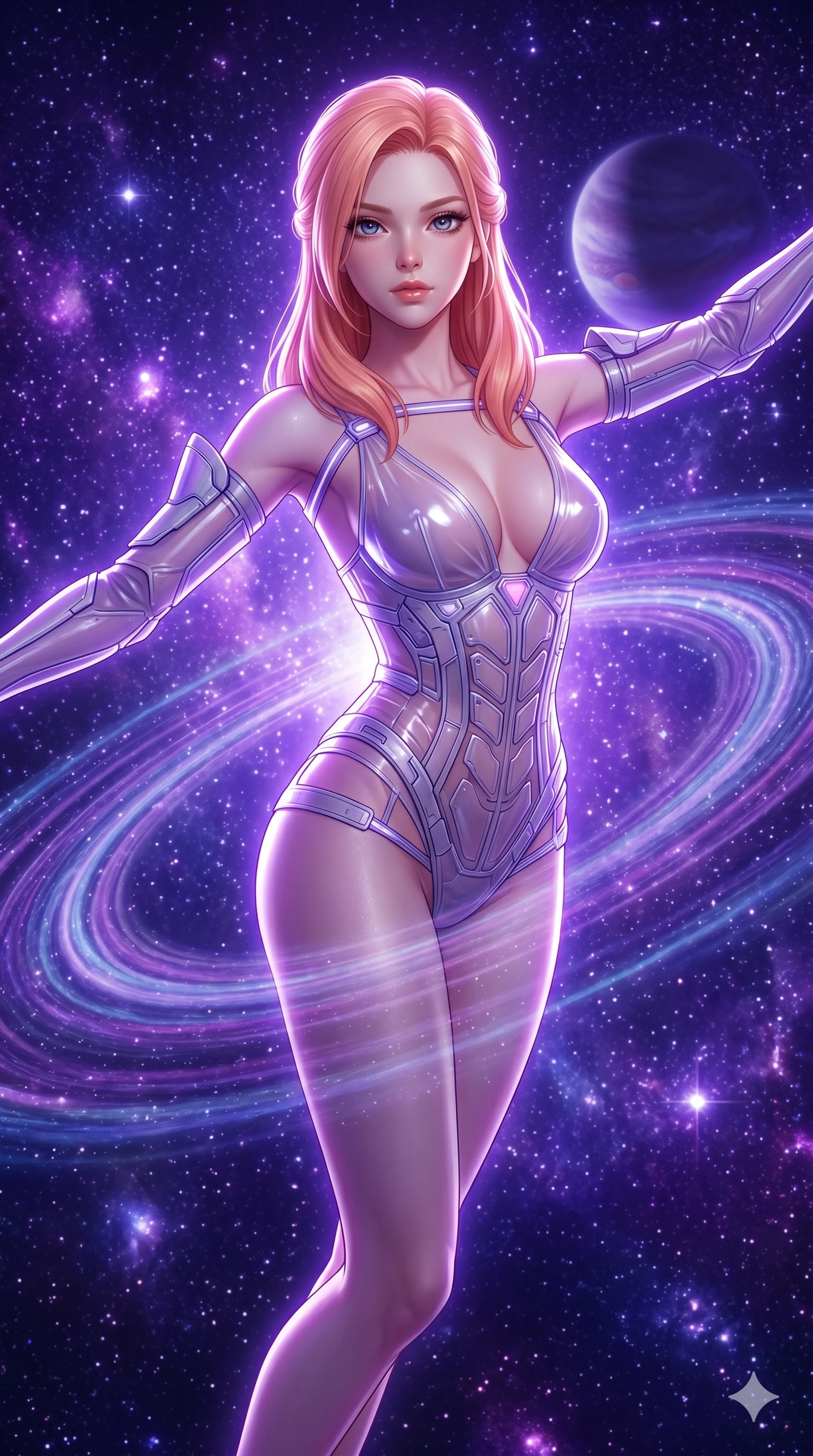 score_9, masterpiece, best quality, ultra-detailed, high-budget anime keyframe, semi-realistic 3D game render, Japanese woman. Upper body close-up from the thighs up, character filling the screen for maximum presence. She is floating weightlessly inside a brilliant violet galaxy, surrounded by swirling cosmic dust rings. She spreads her arms in a graceful flying pose, looking toward the camera. She has an absolutely perfect 8-heads proportion, an exceptionally tall and slender female figure with impossibly long slender legs and an ultra-slim waist. V-shaped jawline, high-bridge nose, intricate jewel-like eyes with depth, thick eyelashes, glossy lips with a natural sheen. She is wearing a translucent cybernetic corset in semi-opaque structured vinyl, combined with detached sleeves and a deep-plunging neckline secured by glowing micro-straps. The scene is bathed in brilliant purple starlight and a sharp white front key light highlighting her details. 2k, ultra detail, master piece, 9:16 ratio