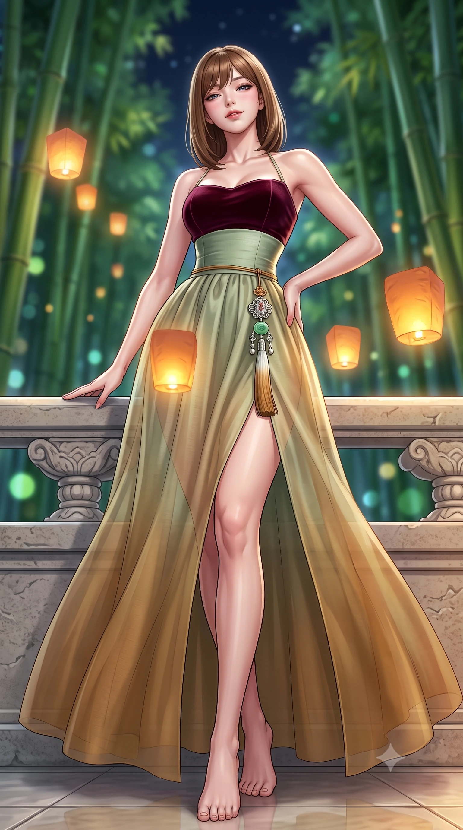 score_9, masterpiece, best quality, ultra-detailed, high-budget anime keyframe, semi-realistic 3D game render, editorial fashion photography, tasteful artistic composition, Korean woman. low angle full-body shot from head to toe showing her feet, filling the entire 9:16 vertical frame with her statuesque presence, stretching her vertical silhouette. standing in a tall, confident posture with one hand on the carved palace railing, stretching her statuesque body as she arches her lower back to emphasize her sculpted feminine hips and slender waist while twisting her slender torso in an alluring S-curve, floating holographic paper lanterns casting warm amber glow across her narrow waist and hips. The background shows a soft-focus soaring emerald green bamboo groves reaching toward the midnight sky blurred into jade, chartreuse, and deep starlight bokeh. She has an absolutely perfect, statuesque 8.5-heads proportion, an exceptionally tall and slender model-like female figure with impossibly long slender legs, an ultra-slim waist, a flat toned midriff, narrow delicate ribcage, and beautifully sculpted feminine hips creating a graceful, slim hourglass silhouette without any bulky heaviness. sharp v-shaped jawline, high-bridge nose, intricate jewel-like dark sparkling almond eyes with depth, thick lashes, glossy parted lips with a natural rose-plum sheen, bright alluring and coquettish smile with bedroom-eyes, exuding both timeless oriental elegance and sovereign high-fashion allure, flawlessly proportioned anatomical accuracy, strict slender model proportions, natural body alignment, perfectly sculpted long slender limbs, ultra-slim waistline, clean dynamic posture without body distortion. wearing a modern fusion hanbok dress with a structured velvet bodice and cascading sheer ombre organza skirt with front slit in deep wine burgundy and brushed antique gold, tailored from smooth celadon raw silk with natural organic slub texture, finished with an ornate modern norigae tassel with polished jade and chrome charms resting on her curvy hips, the glove-like silhouette tightly following the natural contour of her hips and long slender legs with youthful 8.5-heads elegance. illuminated by ground stone lantern bounce and sharp silver rim lights carving her sculpted collarbones, ultra-slim waist, and curvy hips. highly saturated vibrant anime colors, detailed shading with soft gradients, rich glossy textures, high-contrast stereoscopic depth, volumetric dynamic lighting, master piece, 9:16 ratio