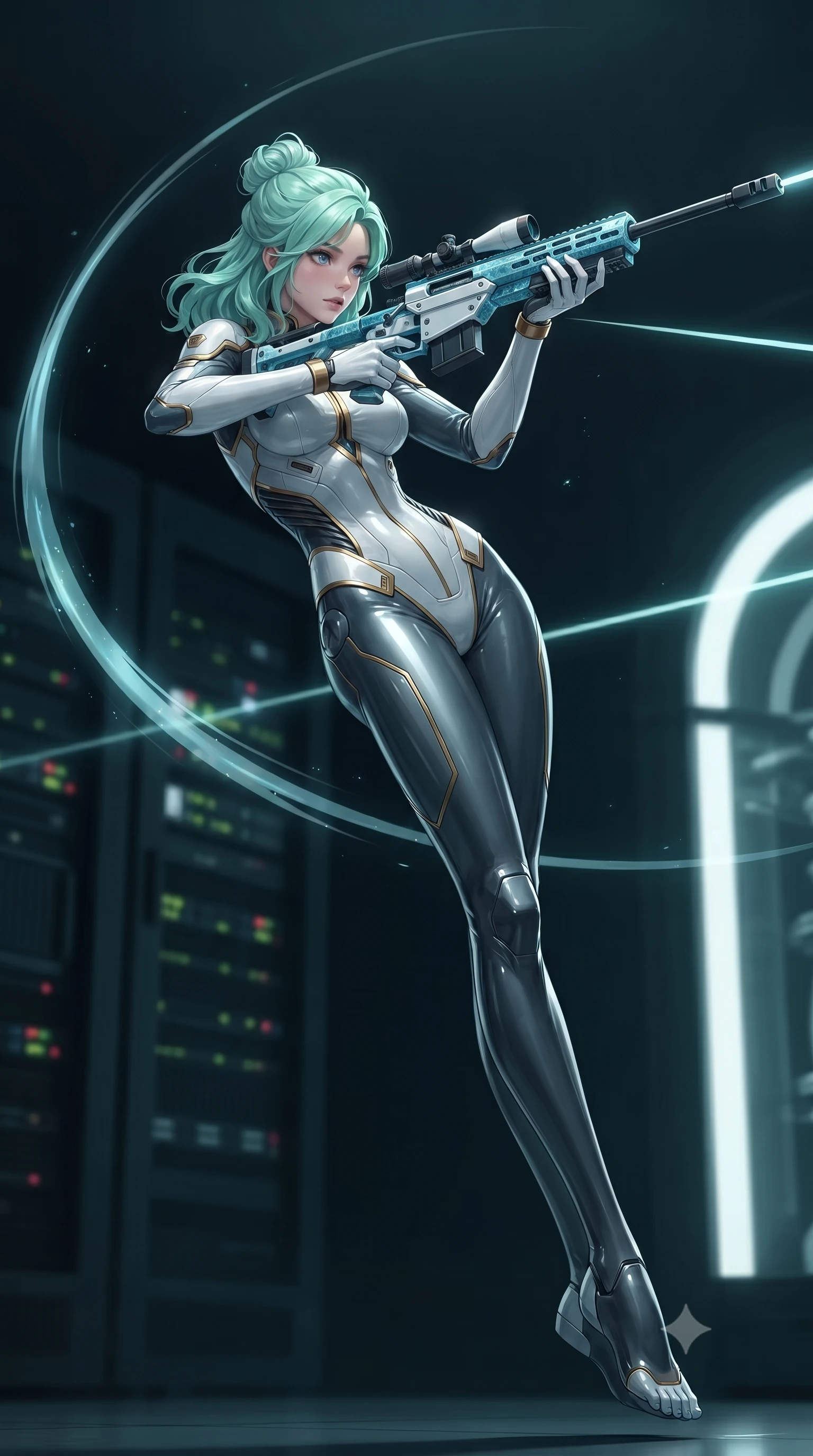 score_9, masterpiece, best quality, ultra-detailed, high-budget anime keyframe, editorial fashion photography, tasteful artistic composition, Japanese woman. low angle full-body shot from head to toe showing her feet, filling the entire 9:16 vertical frame with her statuesque presence, stretching her vertical silhouette. arching her back gracefully in mid-air during a dynamic combat vault, her weapon energy trail framing her statuesque presence while arching her back in a fluid roll as dual laser aiming beams cut through the blue aquatic ambient gloom. The composition keeps background elements in soft focus with creamy bokeh. server rack LED status lights and pressurized glass arches softened by shallow cinematic depth of field. She has an absolutely perfect, statuesque 8.5-heads proportion, an exceptionally tall and slender model-like female figure with impossibly long slender legs, a toned flat midriff, and an ultra-slim waist. sharp v-shaped jawline, high-bridge nose, intricate jewel-like eyes with depth, thick eyelashes, glossy lips with a natural sheen, flawlessly proportioned anatomical accuracy, strict slender model proportions, natural body alignment, perfectly sculpted long slender limbs, ultra-slim waistline, clean dynamic posture without body distortion. wearing a form-contouring arctic white carbon-composite battle-suit with solar gold trim and diagonal midriff vents, aiming a precision carbon-fiber railgun sniper rifle with divine focus in glacial ice-cyan carbon mesh with pure white armor plates, tailored from flexible second-skin carbon-mesh that clings flawlessly to her athletic curves, finished with high-mobility articulation joints and miniature magnetic armor locks, the sleek second-skin cut tightly hugging her graceful clavicle, narrow waist, and feminine curves with athletic precision. illuminated by crisp white key light and sharp specular highlights tracing her slender curves. ultra-reflective glossy finish, specular highlights, dark metallic sheen, high-contrast stereoscopic depth, volumetric dynamic lighting, 2k, ultra detail, master piece, 9:16 ratio
