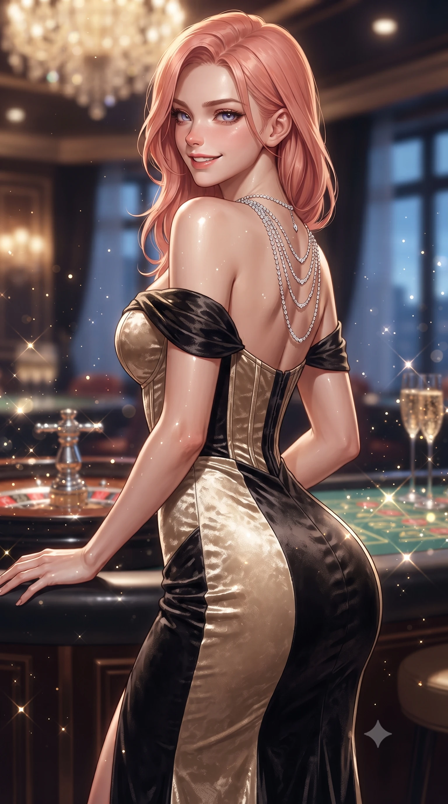 score_9, masterpiece, best quality, ultra-detailed, high-budget anime keyframe, editorial fashion photography, tasteful artistic composition, Japanese woman. close-up cowboy shot from the waist and thighs up, the character dominates the composition, filling the frame with her large presence. turning over a bare shoulder with an intoxicating, teasing smile, her soft hair framing her sharp jawline as her hips angle gracefully while twisting her slender torso in a deep contrapposto stance beside the private casino bar, glancing over her shoulder with an audacious, teasing smirk. The composition keeps background elements in soft focus with creamy bokeh. crystal champagne bubbles and roulette wheel chrome reflections scattering sparkling light motes. She has an exceptionally elegant, slender, and willowy female figure with an ultra-slim waist, a gracefully sculpted slender torso, toned flat midriff, and rounded feminine hips creating an alluring hourglass silhouette. sharp v-shaped jawline, high-bridge nose, intricate jewel-like eyes with depth, thick eyelashes, glossy parted lips with a natural sheen, intensely captivating and seductive bedroom-eyes expression, flawlessly proportioned anatomical accuracy, strict slender model proportions, natural body alignment, perfectly sculpted long slender limbs, ultra-slim waistline, clean dynamic posture without body distortion. wearing a statuesque off-shoulder evening dress with a boned corset bodice and bodycon silhouette in champagne gold and midnight black velvet, crafted from heavyweight crushed silk velvet with liquid luster, accented with a multi-strand diamond back necklace cascading down her bare spine to her hips, the second-skin form-contouring cut accentuating her sculpted flat midriff, narrow waistline, and dramatically curvy hips without adding bulk. bathed in opulent golden casino chandelier light and cool Mediterranean twilight ambient fill. ultra-reflective glossy finish, specular highlights, rich textural contrasts, high-contrast stereoscopic depth, volumetric dynamic lighting, 2k, ultra detail, master piece, 9:16 ratio