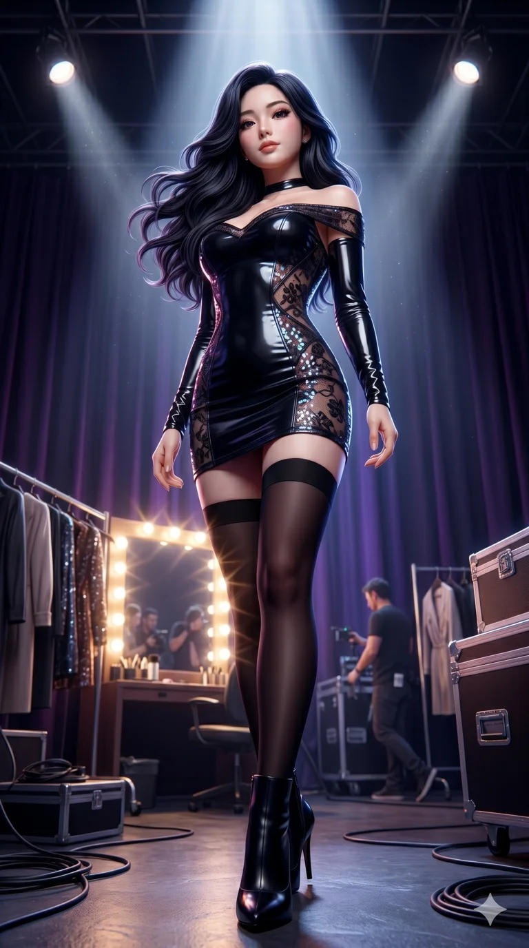 score_9, masterpiece, best quality, ultra-detailed, highly detailed CG unity 8k render, an incredibly beautiful Japanese woman. Dynamic low angle shot filling the frame. She has an absolutely cute and compact proportion, an petite female figure with long slender legs and a voluptuous body. Her face is a highly detailed masterpiece featuring a v-shaped jawline, high-bridge nose, intricate jewel-like eyes, thick eyelashes, and glossy lips. She has raven black flowing hair. She is wearing a tight-fitting glossy translucent pop-star dress, sensual off-shoulder design, zettai ryouiki, highlighting her alluring silhouette. Backstage VIP area, glowing makeup mirrors, dramatic rim lighting, cinematic shadows, 2k, ultra detail, master piece, 9:16 ratio