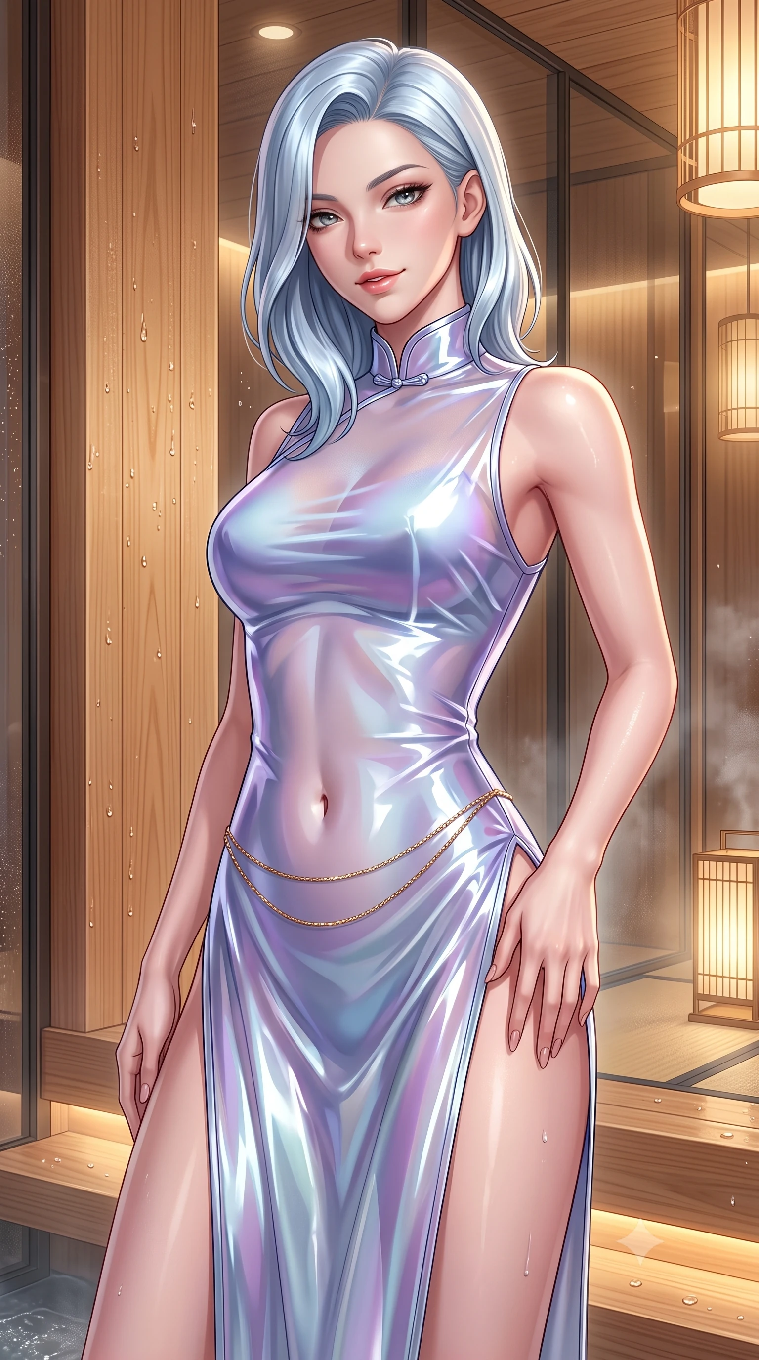 score_9, masterpiece, best quality, ultra-detailed, high-budget anime keyframe, semi-realistic 3D game render, editorial fashion photography, tasteful artistic composition, Korean woman. close-up cowboy shot from the waist and thighs up, the character dominates the composition, filling the frame with her large presence. tilting her head with a teasing half-smile, running one hand slowly down the side of her hip in a flirtatious S-curve as ambient light caresses her silhouette while twisting her slender torso in an alluring contrapposto stance, dewy mist beads and soft interior bamboo lanterns highlighting her flat midriff and hips. The surrounding environment is rendered in vivid detail and crisp panoramic clarity: sharp straight grain of centuries-old Kiso hinoki wood, water droplet beads on polished wood, and glass reflection seams in deep focus. She has an exceptionally elegant, slender, and willowy female figure with an ultra-slim waist, flat toned midriff, narrow ribcage, and sculpted feminine hips creating an alluring, slim hourglass silhouette without bulk. sharp v-shaped jawline, high-bridge nose, sparkling eyes with hypnotic seductive depth, thick curled eyelashes, glossy parted lips with a natural dewy peach sheen, alluring bedroom-eyes with an enchanting coquettish smile, exuding magnetic siren charisma and sophisticated glamour, flawlessly proportioned anatomical accuracy, strict slender model proportions, natural body alignment, perfectly sculpted long slender limbs, ultra-slim waistline, clean dynamic posture without body distortion. wearing a modern cheongsam-inspired sheer mesh dress with high mandarin collar and daring hip-high double side slits in icy aurora-violet and glacial liquid silver, crafted from wet-look high-gloss vinyl fabric with dazzling specular surface reflections, accented with a dainty gold belly chain resting across her flat midriff and curving hips, the form-contouring silhouette accentuating her sculpted flat midriff, narrow delicate ribcage, and gracefully curvy hips with intoxicating allure. bathed in soft 2700K concealed warm LED cove lighting glowing beneath the floating hinoki platform. highly saturated vibrant anime colors, detailed shading with soft gradients, rich glossy textures, high-contrast stereoscopic depth, volumetric dynamic lighting, master piece, 9:16 ratio