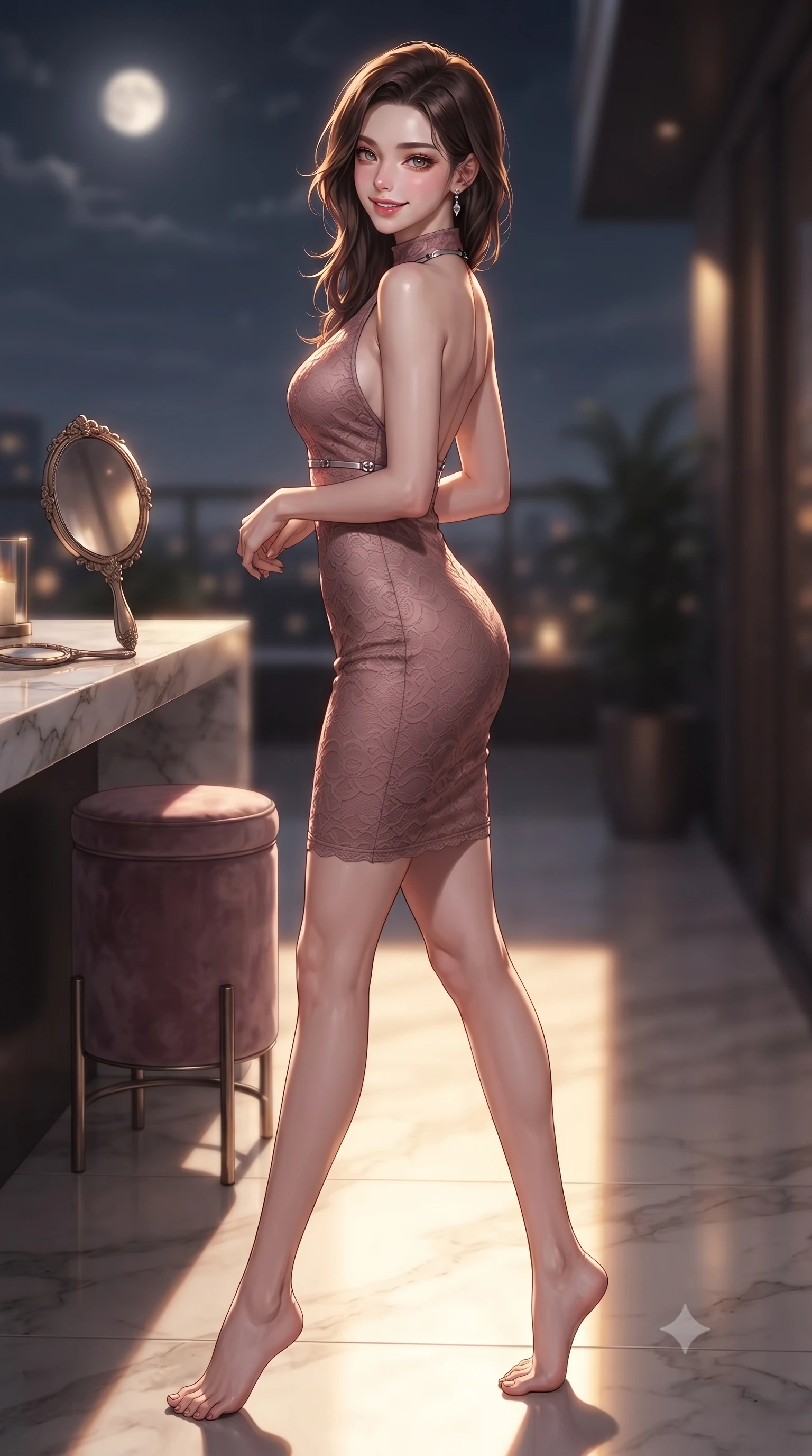 score_9, masterpiece, best quality, ultra-detailed, high-budget anime keyframe, editorial fashion photography, tasteful artistic composition, Korean woman. low angle full-body shot from head to toe showing her feet, filling the entire 9:16 vertical frame with her statuesque presence, stretching her vertical silhouette. strolling slowly through the moonlit veranda, turning her head with a tantalizing smile and a lingering gaze set against a soft-focus background of inside an exclusive rooftop terrace with a velvet-wrapped stool and an antique hand mirror resting on a marble counter. She has an absolutely perfect, statuesque 8.5-heads proportion, an exceptionally tall and slender model-like female figure with impossibly long slender legs and an ultra-slim waist. sharp v-shaped jawline, high-bridge nose, intricate jewel-like eyes with depth, thick eyelashes, glossy lips with a natural sheen. wearing body-hugging dusty rose delicate lace form-contouring cashmere halter dress tracing her statuesque physique accented with delicate silver hardware. bathed in warm golden hour sunbeams that cast long, romantic shadows across the floor. ultra-reflective glossy finish, specular highlights, metallic sheen, high-contrast stereoscopic depth, volumetric dynamic lighting, 2k, ultra detail, master piece, 9:16 ratio
