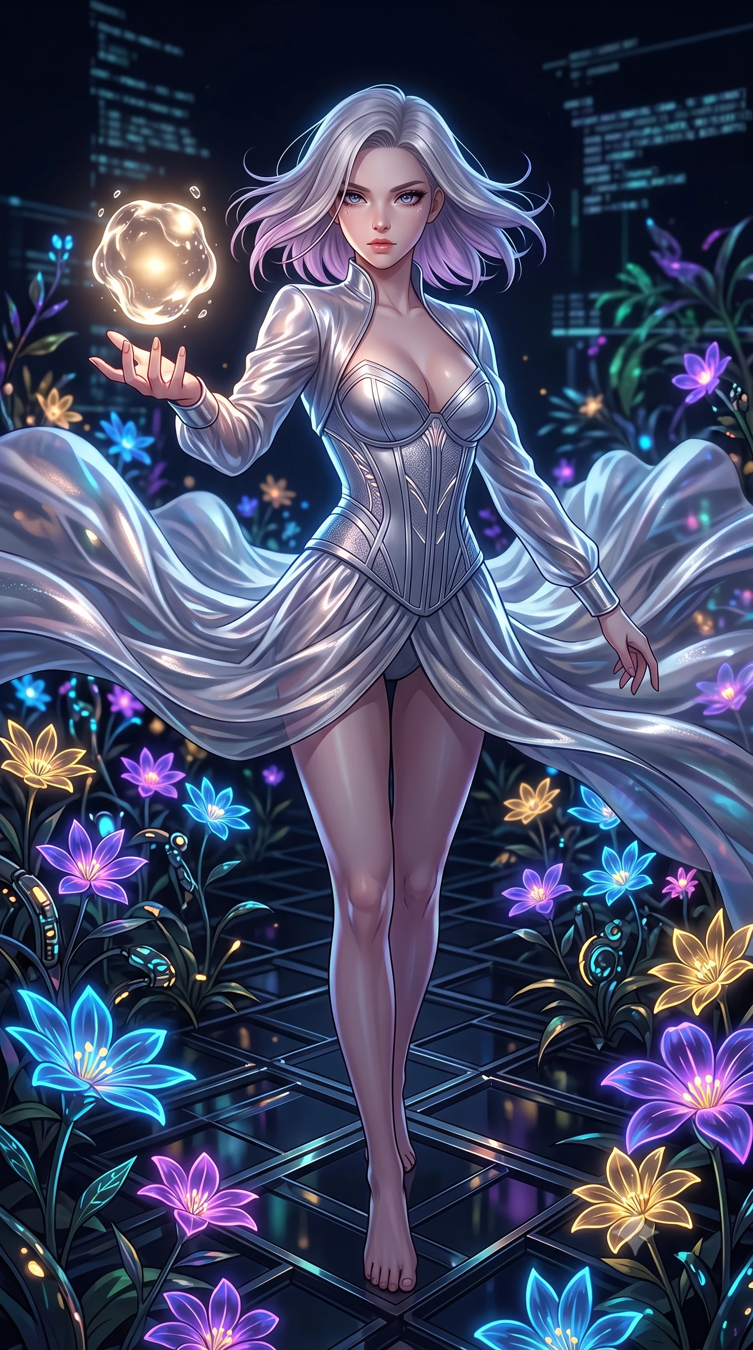 score_9, masterpiece, best quality, ultra-detailed, High-budget Anime Keyframe, Caucasian woman, strictly human ears. Low angle cowboy shot filling the entire 9:16 frame with her statuesque presence. Scenario 475: reaching out to catch a floating sphere of liquid light in a virtual garden where neon flowers bloom in the dark. Her presence is magnetic and overpowering in this high-budget anime scene. Outfit 475: a form-contouring liquid silver shimmering chiffon jacket layered over a structured corset bodice. The clothing is designed to emphasize her exceptionally tall and slender 8-heads proportion. 8-heads proportion, towering silhouette, ultra-slim waist. sharp v-shaped jawline, intricate jewel-like eyes with depth, thick eyelashes, glossy lips. 2k, ultra detail, master piece, 9:16 ratio