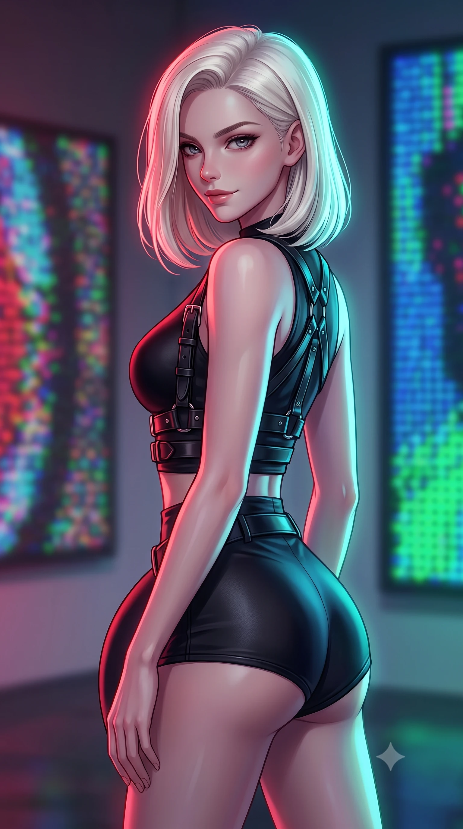 score_9, masterpiece, best quality, ultra-detailed, high-budget anime keyframe, editorial fashion photography, tasteful artistic composition, Caucasian woman woman. close-up cowboy shot from the waist and thighs up, the character dominates the composition, filling the frame with her large presence, background elements kept in soft focus. She has an exceptionally elegant, slender, and willowy female figure with an ultra-slim waist, a gracefully sculpted slender torso, and a refined silhouette. glancing sidelong over her shoulder with a smoldering, magnetic half-smile, flawlessly proportioned anatomical accuracy, natural body alignment, perfectly sculpted elegant limbs, clean dynamic posture without body distortion. set against a soft-focus background of a high-end gallery with RGB noise digital canvas displays. wearing a black structured leather harness over a fitted second-skin micro-shorts set. bathed in dynamic shifting RGB neon lights creating dramatic high-contrast rim light. highly saturated vibrant anime colors, detailed shading with soft gradients, rich glossy textures, high-contrast stereoscopic depth, volumetric dynamic lighting, master piece, 9:16 ratio