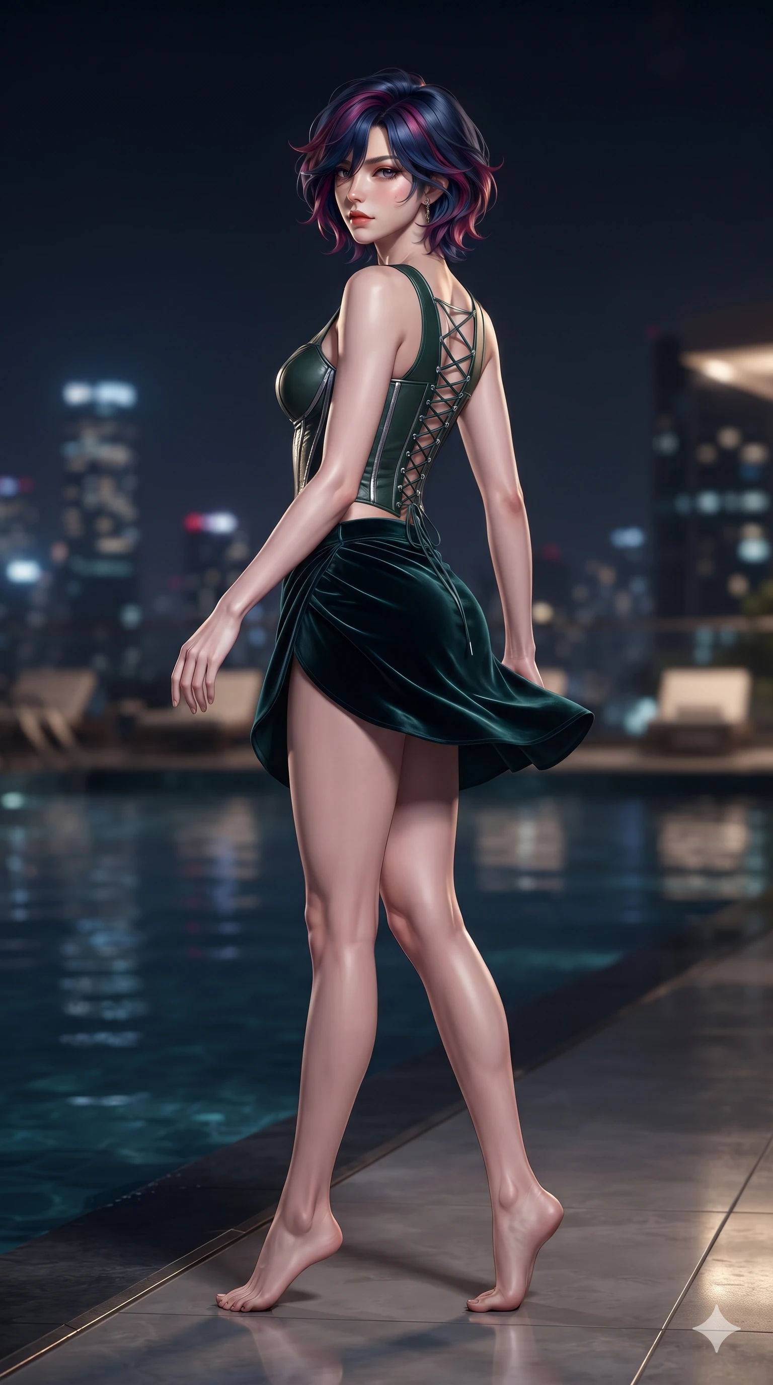 score_9, masterpiece, best quality, ultra-detailed, high-budget anime keyframe, editorial fashion photography, tasteful artistic composition, Korean woman. low angle full-body shot from head to toe showing her feet, filling the entire 9:16 vertical frame with her statuesque presence, stretching her vertical silhouette. executing a slow, elegant turn as her liquid gown flutters around her slender legs, glancing over her shoulder with an intoxicating bedroom-gaze while walking slowly along the mirror-smooth pool perimeter with feline poise, her long slender legs and curvy hips commanding the midnight skyline. The background shows a soft-focus exclusive penthouse rooftop pool softened in metropolitan nocturnal shallow focus. She has an absolutely perfect, statuesque 8.5-heads proportion, an exceptionally tall and slender model-like female figure with impossibly long slender legs, an ultra-slim waist, a flat toned midriff, narrow delicate ribcage, and beautifully sculpted feminine hips creating a graceful, slim hourglass silhouette without any bulky heaviness. sharp v-shaped jawline, high-bridge nose, intricate jewel-like dark sparkling eyes with hypnotic seductive depth, thick curled eyelashes, glossy parted lips with a natural wine sheen, alluring bedroom-eyes with an enigmatic smoldering smile, exuding magnetic sovereign charisma and dark avant-garde glamour, flawlessly proportioned anatomical accuracy, strict slender model proportions, natural body alignment, perfectly sculpted long slender limbs, ultra-slim waistline, clean dynamic posture without body distortion. wearing a structured underwire leather bustier top paired with an ultra-short draped wrap mini skirt in deep velvet forest green and antique brass, featuring fine criss-cross satin back lacing tracing her slender spine, finished with metallic silver boning and sleek zipper points, accentuating her gracefully sculpted slender torso and statuesque proportions. illuminated by dark pool water surface bounce and sharp golden-sapphire rim lights sculpting her razor-sharp jawline, narrow waist, and curvy hips. ultra-reflective glossy finish, specular highlights, metallic sheen, high-contrast stereoscopic depth, volumetric dynamic lighting, 2k, ultra detail, master piece, 9:16 ratio