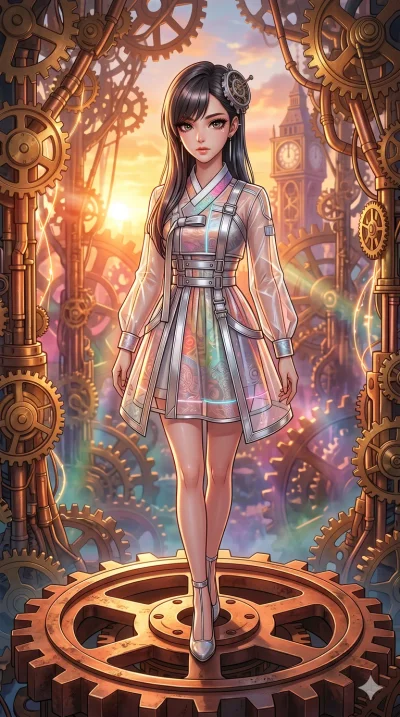 score_9, masterpiece, best quality, ultra-detailed, High-budget Anime Keyframe, beautiful Korean anime girl. Upper body close-up from the thighs up, character filling the screen for maximum presence. Standing on a giant gear in a clockwork forest at 