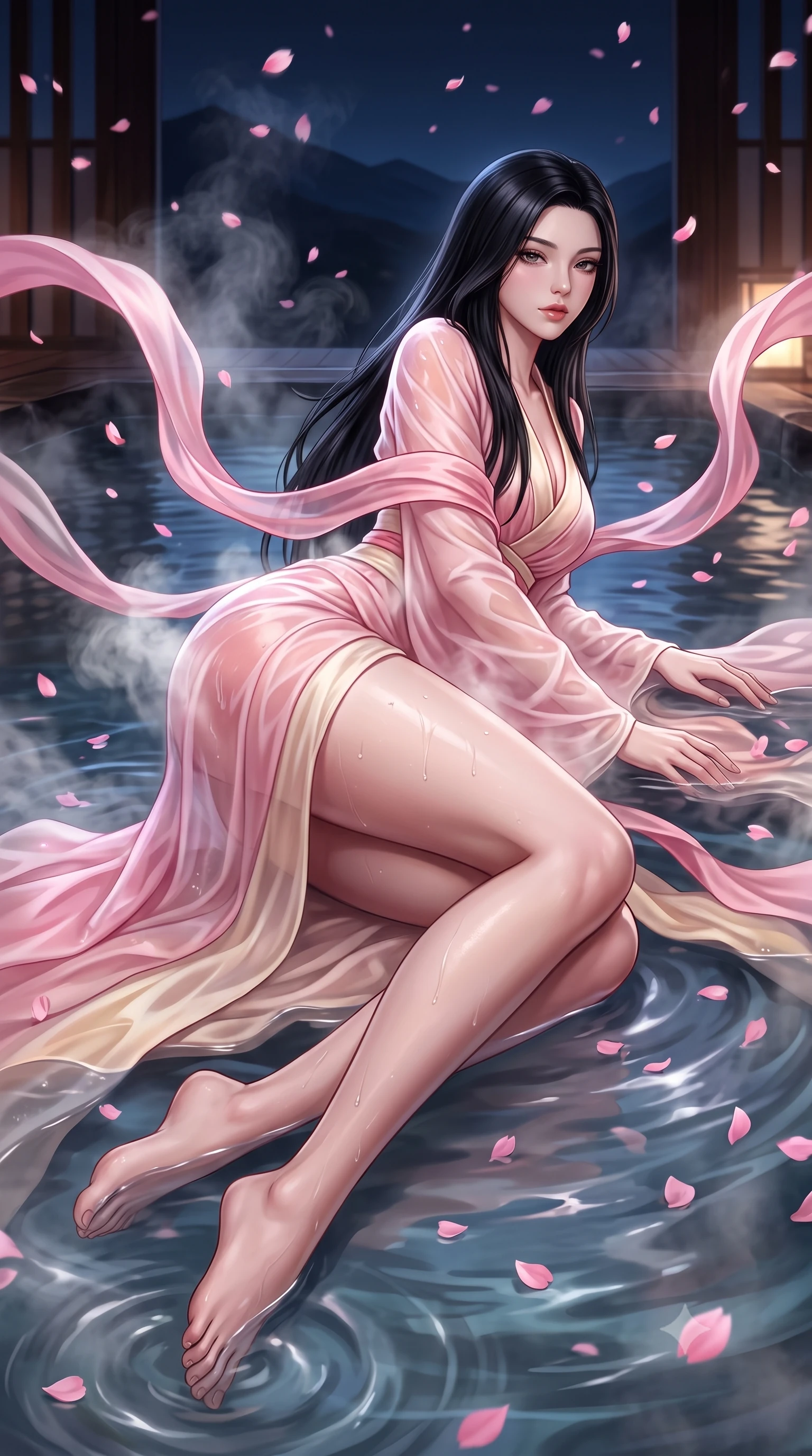 score_9, masterpiece, best quality, ultra-detailed, high-budget anime keyframe, semi-realistic 3D game render, editorial fashion photography, tasteful artistic composition, Korean woman. low angle full-body shot from head to toe showing her feet, filling the entire 9:16 vertical frame with her statuesque presence, stretching her vertical silhouette. reclining on her side in an elegant Cleopatra pose with one knee drawn up, the dramatic contour of her rounded hips and long slender legs commanding the 9:16 vertical frame while wading through the thermal mineral pool beneath falling pink sakura petals, arching her spine in pure pleasure as steam curls around her waist. The surrounding environment is rendered in vivid detail and crisp panoramic clarity. atmospheric nocturnal thermal chiaroscuro and private mountain-view skylounge luxury in precision. She has an absolutely perfect, statuesque 8.5-heads proportion, an exceptionally tall and slender model-like female figure with impossibly long slender legs, a toned flat midriff, an ultra-slim waist, and beautifully sculpted feminine hips. sharp v-shaped jawline, high-bridge nose, intricate jewel-like eyes with depth, thick eyelashes, glossy parted lips with a natural sheen, intensely captivating and seductive bedroom-eyes expression, flawlessly proportioned anatomical accuracy, strict slender model proportions, natural body alignment, perfectly sculpted long slender limbs, ultra-slim waistline, clean dynamic posture without body distortion. wearing a delicate semi-translucent silk yukata that clings to her wet skin and curvy hip contours in sakura blossom pink and warm ivory, tailored from crisp ceremonial cotton and multi-layered translucent chiffon, finished with long flowing silk arm ribbons that float weightlessly in the air, the form-contouring material adhering flawlessly to her sculpted flat midriff and slender torso, emphasizing her long leg lines and perfectly proportioned willowy build. surrounded by an intimate, tranquil, and deeply sensual Japanese skylounge muse aura. highly saturated vibrant anime colors, detailed shading with soft gradients, rich glossy textures, high-contrast stereoscopic depth, volumetric dynamic lighting, master piece, 9:16 ratio
