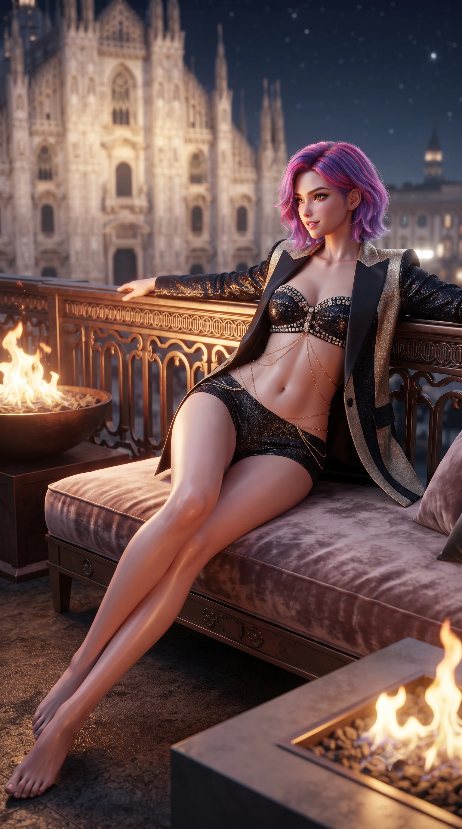 score_9, masterpiece, best quality, ultra-detailed, high-budget anime keyframe, editorial fashion photography, tasteful artistic composition, Caucasian woman. low angle full-body shot from head to toe showing her feet, filling the entire 9:16 vertical frame with her statuesque presence, stretching her vertical silhouette. lounging on the lavish daybed with legs crossed and hips angled toward the camera, displaying her toned midriff and long slender limbs with effortless siren poise while leaning against the bronze terrace parapet with hips cocked back, looking over a bare shoulder toward the glowing Gothic marble cathedral. The background shows a soft-focus bronze fire bowl flames softened in high-fashion metropolitan terrace shallow focus. She has an absolutely perfect, statuesque 8.5-heads proportion, an exceptionally tall and slender model-like female figure with impossibly long slender legs, an ultra-slim waist, a flat toned midriff, narrow delicate ribcage, and beautifully sculpted feminine hips creating a graceful, slim hourglass silhouette without any bulky heaviness. sharp v-shaped jawline, high-bridge nose, sparkling eyes with hypnotic seductive depth, thick curled eyelashes, glossy parted lips with a natural dewy peach sheen, alluring bedroom-eyes with an enchanting coquettish smile, exuding magnetic siren charisma and sophisticated glamour, flawlessly proportioned anatomical accuracy, strict slender model proportions, natural body alignment, perfectly sculpted long slender limbs, ultra-slim waistline, clean dynamic posture without body distortion. wearing a tailored open-front satin smoking jacket worn over a jewel-embellished bandeau and micro-shorts in midnight obsidian black and liquid champagne gold, woven from stretch metallic lurex jersey casting radiant starlight glints across her silhouette, accented with a dainty gold belly chain resting across her flat midriff and curving hips, the high-slit wrap tailoring accentuating her ultra-slim waistline and the enchanting curve of her feminine hips with alluring seductive charm. bathed in the warm dancing glow of the bronze fire table paired with cool starlight and Duomo floodlights. ultra-reflective glossy finish, specular highlights, rich textural contrasts, high-contrast stereoscopic depth, volumetric dynamic lighting, 2k, ultra detail, master piece, 9:16 ratio