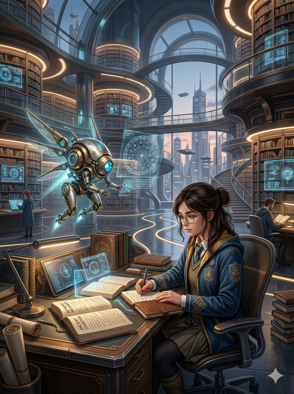A scholarly girl with a floating mechanical familiar, in a futuristic academy setting, 2k, ultra detail, master piece, 3:4 ratio
