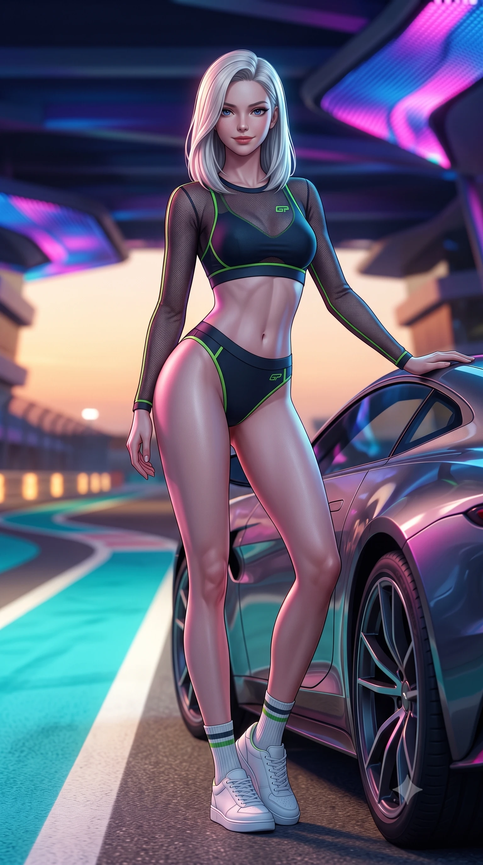 score_9, masterpiece, best quality, ultra-detailed, high-budget anime keyframe, semi-realistic 3D game render, editorial fashion photography, tasteful artistic composition, Caucasian woman. low angle full-body shot from head to toe showing her feet, filling the entire 9:16 vertical frame with her statuesque presence, stretching her vertical silhouette. standing in a tall, confident posture with one hand on the sports car roof, stretching her statuesque body as she arches her lower back to emphasize her sculpted feminine hips and slender waist while twisting her slender torso in an alluring S-curve, dynamic LED color shifts from the hotel canopy illuminating her tight racing outfit and hips. The background shows a soft-focus racing curbs painted in bright turquoise and illuminated track runoff zones softened in ultramodern Grand Prix shallow focus. She has an absolutely perfect, statuesque 8.5-heads proportion, an exceptionally tall and slender model-like female figure with impossibly long slender legs, an ultra-slim waist, a flat toned midriff, narrow delicate ribcage, and beautifully sculpted feminine hips creating a graceful, slim hourglass silhouette without any bulky heaviness. sharp v-shaped jawline, high-bridge nose, sparkling eyes with athletic focus and depth, thick curled eyelashes, glossy parted lips with a natural coral-peach sheen, bright confident and coquettish smile with alluring bedroom-eyes, exuding both youthful sporty vigor and sovereign high-society glamour, flawlessly proportioned anatomical accuracy, strict slender model proportions, natural body alignment, perfectly sculpted long slender limbs, ultra-slim waistline, clean dynamic posture without body distortion. wearing a sheer athletic mesh long-sleeve crop top layered over an opaque racing bralette and high-cut tennis briefs in deep midnight carbon and luminous lime green piping, made of smooth liquid-tight stretch jersey emphasizing every curve of her body, complemented by ribbed knit crew socks and clean white designer court sneakers, the form-contouring athletic cut accentuating her sculpted flat midriff, narrow delicate ribcage, and gracefully curvy hips with supermodel precision. bathed in dramatic desert sunset golden hour twilight combined with vibrant LED canopy color washes. highly saturated vibrant anime colors, detailed shading with soft gradients, rich glossy textures, high-contrast stereoscopic depth, volumetric dynamic lighting, master piece, 9:16 ratio