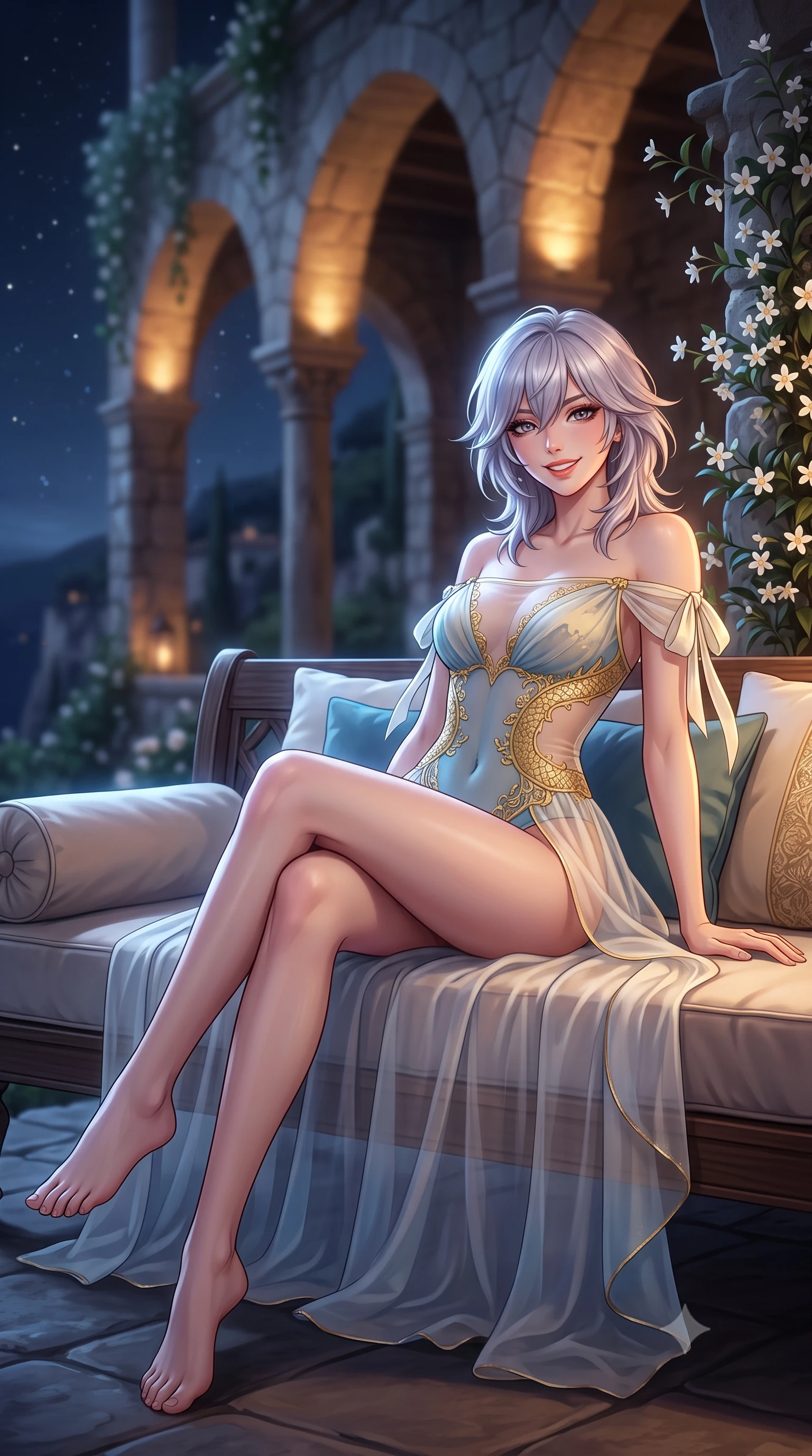 score_9, masterpiece, best quality, ultra-detailed, high-budget anime keyframe, semi-realistic 3D game render, editorial fashion photography, tasteful artistic composition, Japanese woman. low angle full-body shot from head to toe showing her feet, filling the entire 9:16 vertical frame with her statuesque presence, stretching her vertical silhouette. lounging on the lavish daybed with legs crossed and hips angled toward the camera, displaying her toned midriff and long slender limbs with effortless siren poise while twisting her slender torso in an alluring contrapposto stance beside blooming night-jasmine, starlight tracing her narrow waist and curvy hips. The background shows a soft-focus hanging stone arches softened in historic Ravello cliffside sanctuary shallow focus. She has an exceptionally tall and slender model-like 8.5-heads proportion, an ultra-slim waist, a flat toned midriff, narrow delicate ribcage, and beautifully sculpted feminine hips creating a graceful, slim hourglass silhouette without any bulky heaviness, with impossibly long slender legs. sharp v-shaped jawline, high-bridge nose, intricate jewel-like sparkling eyes with depth, thick eyelashes, glossy parted lips with a natural peach sheen, bright cheerful beaming smile with an enchanting and coquettish sensual glint, exuding both youthful cute charm and seductive allure, flawlessly proportioned anatomical accuracy, strict slender model proportions, natural body alignment, perfectly sculpted long slender limbs, ultra-slim waistline, clean dynamic posture without body distortion. wearing an off-the-shoulder sheer illusion mesh evening bodysuit with gold dragon-scale embroidery contouring her hourglass waist in Positano lemon blossom ivory and Mediterranean azure, made of sheer gossamer chiffon that drapes softly against skin with airy translucence, finished with satin ribbon ties at the shoulders fluttering in the gentle breeze, the second-skin tailored fabric adhering flawlessly to her sculpted flat midriff and slender torso, emphasizing her long leg lines and perfectly proportioned willowy build. bathed in cool silver moonlight balanced with warm 2600K amber uplights illuminating ancient stone arches. highly saturated vibrant anime colors, detailed shading with soft gradients, rich glossy textures, high-contrast stereoscopic depth, volumetric dynamic lighting, master piece, 9:16 ratio