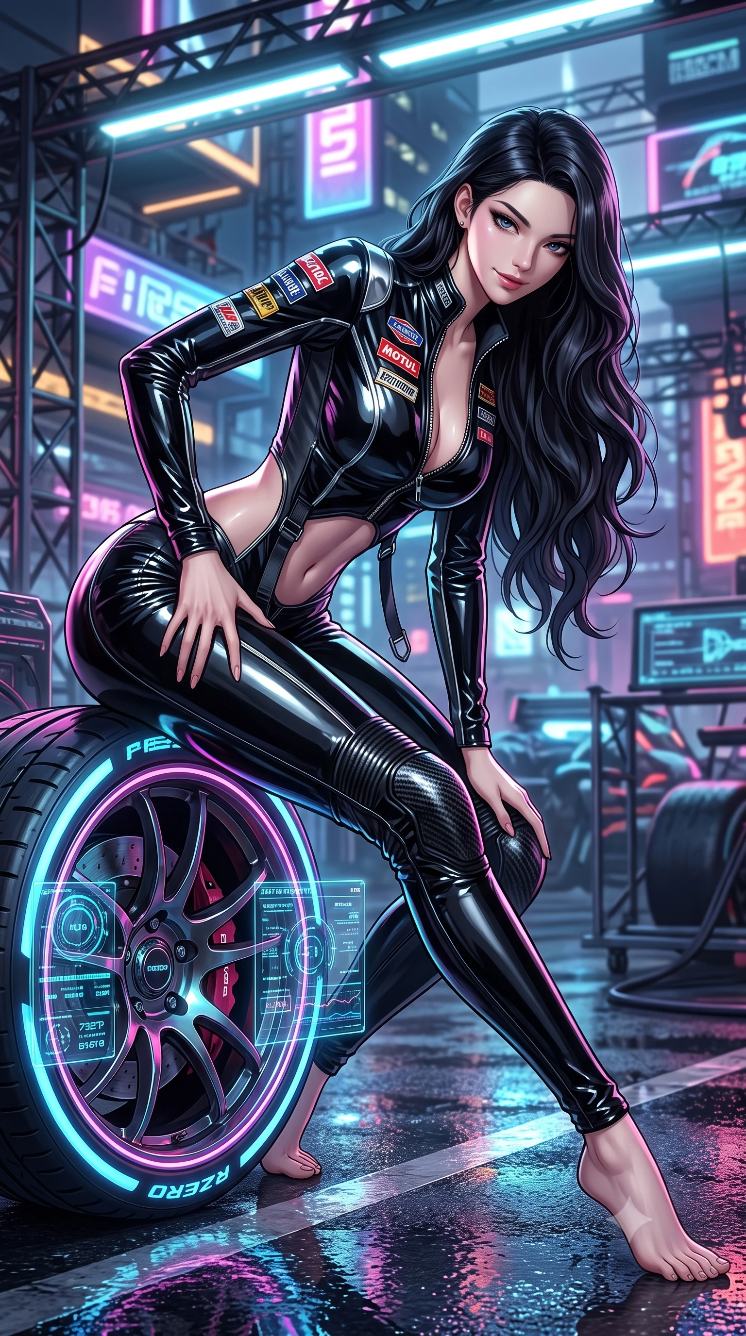 score_9, masterpiece, best quality, ultra-detailed, high-budget anime keyframe, semi-realistic 3D game render, editorial fashion photography, tasteful artistic composition, Korean woman. low angle full-body shot from head to toe showing her feet, filling the entire 9:16 vertical frame with her statuesque presence, stretching her vertical silhouette. reclining back languidly with one knee bent and spine arched in a breathtaking dancer line, commanding the entire 9:16 vertical frame while crouching low beside a glowing neon wheel rim, one hand resting on her thigh, casting an intense, electrifying smirk. The surrounding environment is rendered in vivid detail and crisp panoramic clarity. detailed leather racing suit sponsor patches, zipper teeth, and glowing telemetry HUD screens in high resolution. She has an absolutely perfect, statuesque 8.5-heads proportion, an exceptionally tall and slender model-like female figure with impossibly long slender legs, a toned flat midriff, and an ultra-slim waist. sharp v-shaped jawline, high-bridge nose, intricate jewel-like eyes with depth, thick eyelashes, glossy parted lips with a natural sheen, intensely captivating and seductive expression, flawlessly proportioned anatomical accuracy, strict slender model proportions, natural body alignment, perfectly sculpted long slender limbs, ultra-slim waistline, clean dynamic posture without body distortion. wearing a high-gloss patent leather racing catsuit with an open front zipper and high stand collar in pitch-black vinyl and specular chrome trim, crafted from flexible ballistic matte leather and aerodynamic stretch neoprene, accented with hanging industrial clip straps and carbon fiber knee sliders, the liquid-tight tailored fabric emphasizing every curve of her tall, slender model proportions and sculptured silhouette. illuminated by wet specular asphalt bounce lights sculpting her toned midriff, slender waist, and long legs. highly saturated vibrant anime colors, detailed shading with soft gradients, rich glossy textures, high-contrast stereoscopic depth, volumetric dynamic lighting, master piece, 9:16 ratio