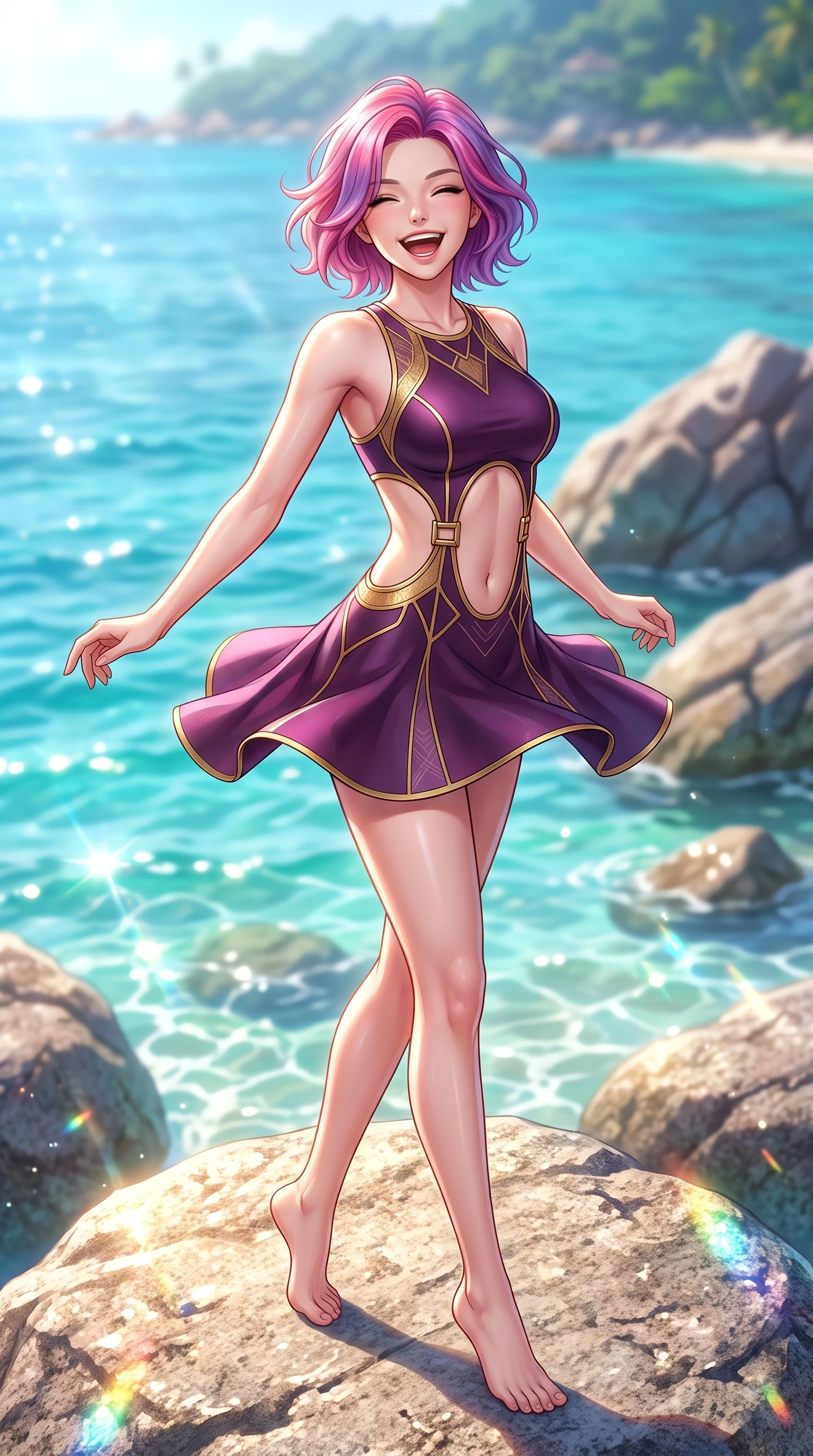 score_9, masterpiece, best quality, ultra-detailed, high-budget anime keyframe, editorial fashion photography, tasteful artistic composition, Caucasian woman. low angle full-body shot from head to toe showing her feet, filling the entire 9:16 vertical frame with her statuesque presence, stretching her vertical silhouette. pivoting dynamically in zero-gravity with a delighted laughing expression, displaying her perfect model proportions while pivoting gracefully on a sun-drenched granite sea boulder with a beaming happy expression, warm tropical sea breeze fluttering lightweight linen garments in fluid joyful motions. She has an absolutely perfect, statuesque 8.5-heads proportion, an exceptionally tall and slender model-like female figure with impossibly long slender legs and an ultra-slim waist. sharp v-shaped jawline, high-bridge nose, intricate jewel-like eyes with depth, thick eyelashes, glossy lips with a natural sheen, flawlessly proportioned anatomical accuracy, natural body alignment, perfectly sculpted elegant limbs, clean dynamic posture without body distortion. wearing a dramatic open-waist cutout mini dress framed by sculptural hardware in plum purple and gold filigree, formed from sleek second-skin neoprene, featuring subtle geometric cutouts that highlight her ultra-slim midriff, the sleek second-skin texture accentuating her magnetic presence. bathed in brilliant tropical sunshine and glittering ocean water refractions. highly saturated vibrant anime colors, detailed shading with soft gradients, rich glossy textures, high-contrast stereoscopic depth, volumetric dynamic lighting, master piece, 9:16 ratio