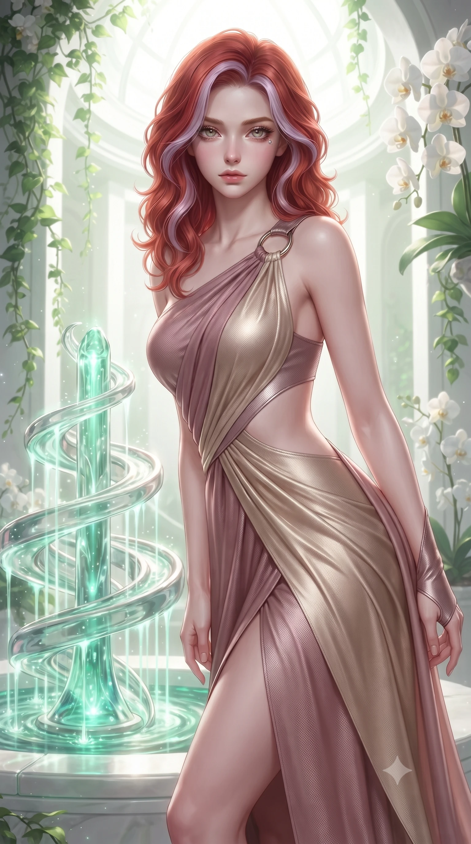 score_9, masterpiece, best quality, ultra-detailed, high-budget anime keyframe, editorial fashion photography, tasteful artistic composition, Caucasian woman. close-up cowboy shot from the waist and thighs up, the character dominates the composition, filling the frame with her large presence, background elements kept in soft focus. Leaning slightly forward with a composed, seductive gaze under soft glowing light standing by a hydro-flow spiral fountain flowing with bioluminescent emerald sap, lush green vines and white orchids framing the bright architectural backdrop. She has an exceptionally elegant, slender, and willowy female figure with an ultra-slim waist, a gracefully sculpted slender torso, and a refined silhouette. sharp v-shaped jawline, high-bridge nose, intricate jewel-like eyes with depth, thick eyelashes, glossy lips with a natural sheen. wearing an asymmetrical Grecian draped chiffon gown with a metallic shoulder ring in dusty rose and champagne gold, made of fine carbon-fiber weave and soft matte leather, featuring clean architectural cutouts along her slender torso, the glove-like fit emphasizing her statuesque silhouette. surrounded by a bright, airy ambiance with radiant white and green highlights. ultra-reflective glossy finish, specular highlights, metallic sheen, high-contrast stereoscopic depth, volumetric dynamic lighting, 2k, ultra detail, master piece, 9:16 ratio