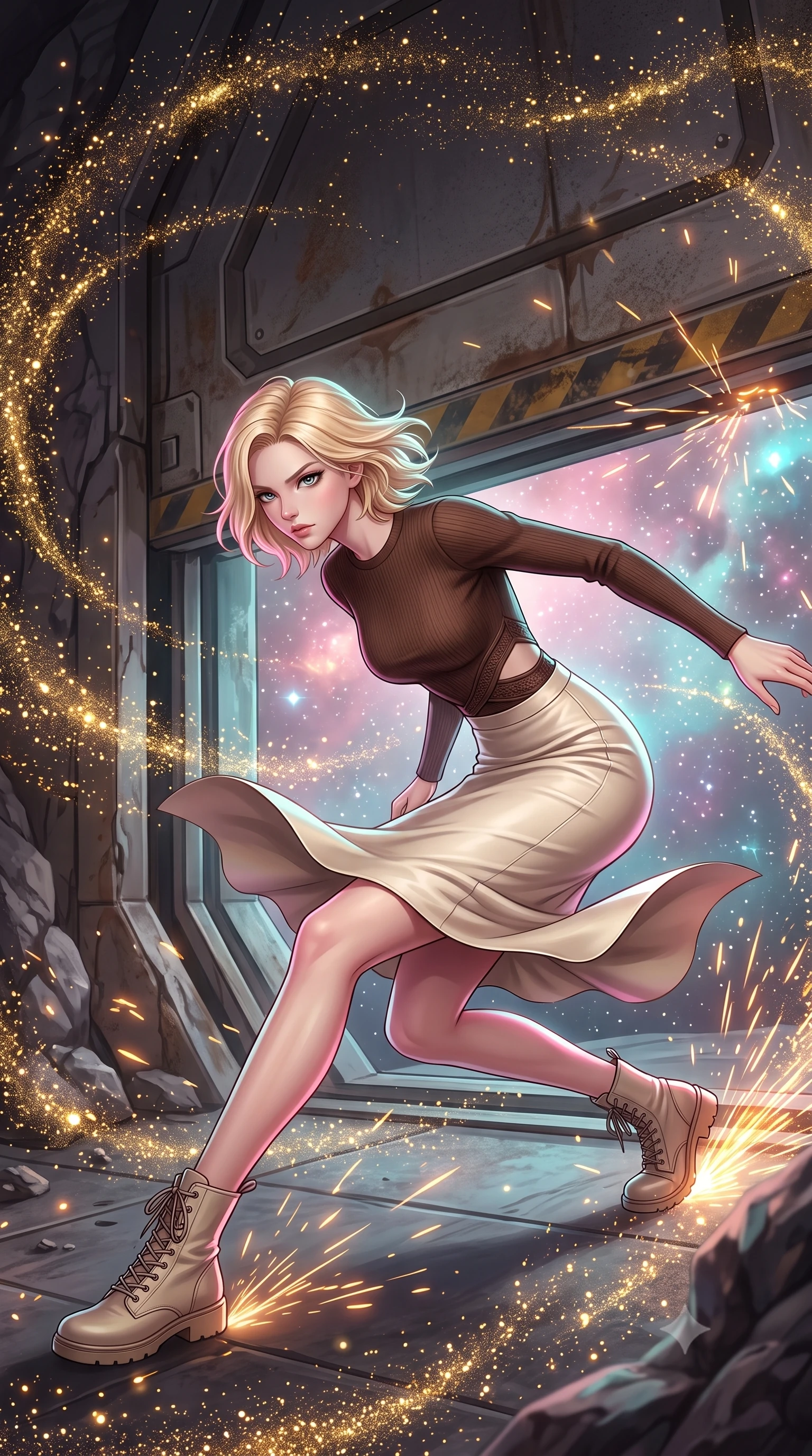 score_9, masterpiece, best quality, ultra-detailed, high-budget anime keyframe, editorial fashion photography, tasteful artistic composition, Caucasian woman, strictly human ears. low angle full-body shot from head to toe showing her feet, filling the entire 9:16 vertical frame with her statuesque presence, stretching her vertical silhouette. sliding underneath a closing blast door in a sleek combat stance with sparks flying around her inside caught in a space storm of glittering gold cosmic dust particles, swirling in magnetic currents around a rocky asteroid. She has a statuesque 8.5-heads proportion, an exceptionally tall, slender and willowy model-like build with impossibly long legs and a highly sculpted ultra-slim waist. sharp v-shaped jawline, high-bridge nose, intricate jewel-like eyes with depth, thick eyelashes, glossy lips with a natural sheen. wearing the lightweight fabric rippling and billowing dramatically with her movement, a tailored chocolate brown knit top with a subtle waist-cutout detailing, paired with a cream leather pencil skirt. highly saturated vibrant anime colors, intense vivid color palette, soft 3D volumetric shading, volumetric dynamic lighting, starlight and nebula glow casting soft cosmic pink and cyan highlights on her form. 2k, ultra detail, master piece, 9:16 ratio