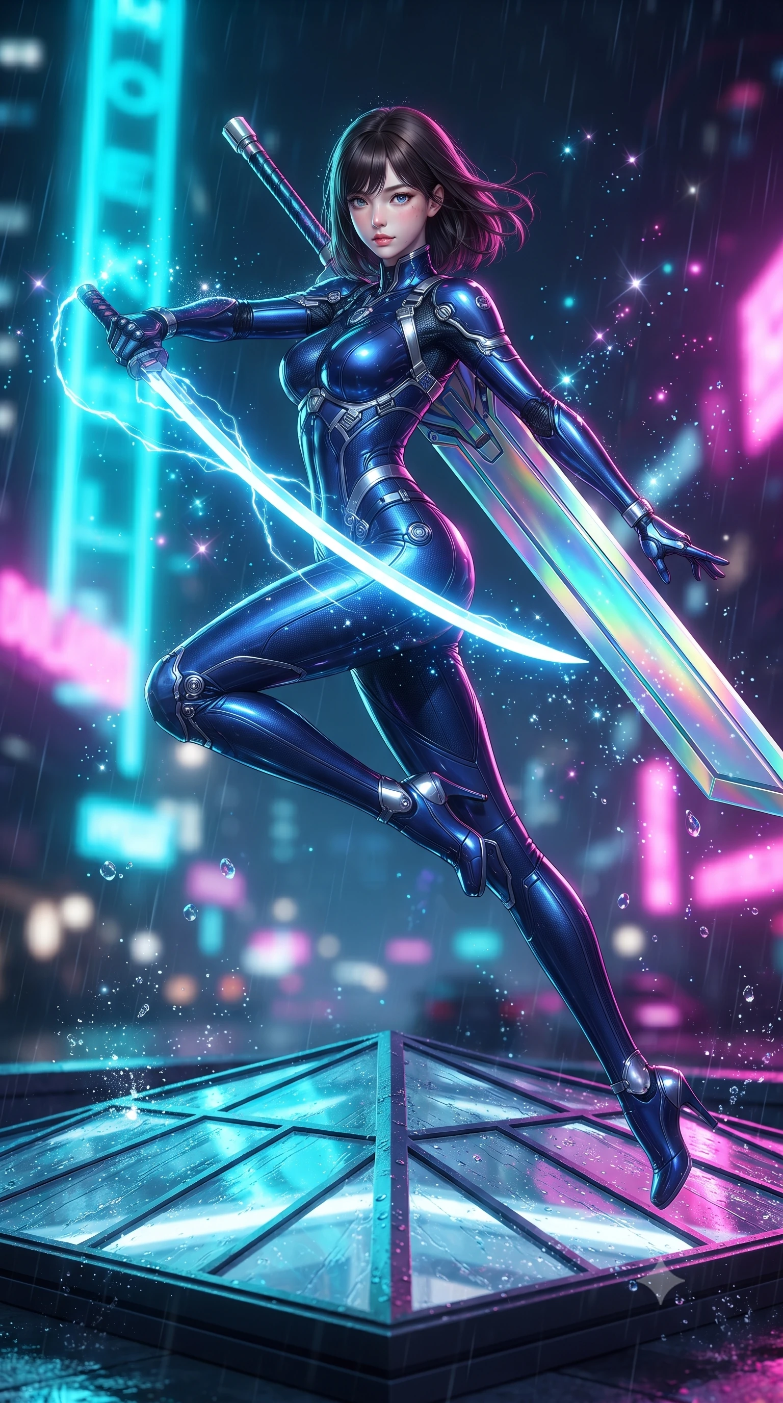 score_9, masterpiece, best quality, ultra-detailed, high-budget anime keyframe, editorial fashion photography, tasteful artistic composition, Korean woman. low angle full-body shot from head to toe showing her feet, filling the entire 9:16 vertical frame with her statuesque presence, stretching her vertical silhouette. arching her back gracefully in mid-air during a dynamic combat vault, her weapon energy trail framing her statuesque presence while leaping gracefully across a rooftop glass skylight with plasma katana extended, creating a brilliant arc of electric light. The composition keeps background elements in soft focus with creamy bokeh. sparkling plasma energy motes and splashing rain droplets scattering radiant light across a dark backdrop. She has an absolutely perfect, statuesque 8.5-heads proportion, an exceptionally tall and slender model-like female figure with impossibly long slender legs, a toned flat midriff, and an ultra-slim waist. sharp v-shaped jawline, high-bridge nose, intricate jewel-like eyes with depth, thick eyelashes, glossy lips with a natural sheen, flawlessly proportioned anatomical accuracy, strict slender model proportions, natural body alignment, perfectly sculpted long slender limbs, ultra-slim waistline, clean dynamic posture without body distortion. wearing a statuesque midnight cobalt carbon-fiber armor-suit with platinum trim and an ultra-slim waistline, resting a massive sleek high-frequency anti-material greatsword across her shoulder in high-gloss iridescent rainbow carbon with prism holographic sheen, tailored from flexible second-skin carbon-mesh that clings flawlessly to her athletic curves, detailed with magnetic weapon holsters and polished chrome connection clasps, the form-contouring material adhering flawlessly to her sculpted flat midriff and slender torso, emphasizing her long leg lines and perfectly proportioned willowy build. bathed in vivid high-contrast neon cyan and magenta city backlighting with electric blade glow. ultra-reflective glossy finish, specular highlights, dark metallic sheen, high-contrast stereoscopic depth, volumetric dynamic lighting, 2k, ultra detail, master piece, 9:16 ratio