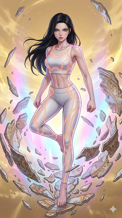 score_9, masterpiece, best quality, ultra-detailed, high-budget anime keyframe, Caucasian woman, strictly human ears. upper body close-up from the thighs up, character filling the screen for maximum presence. propelling herself off digital baroque ce