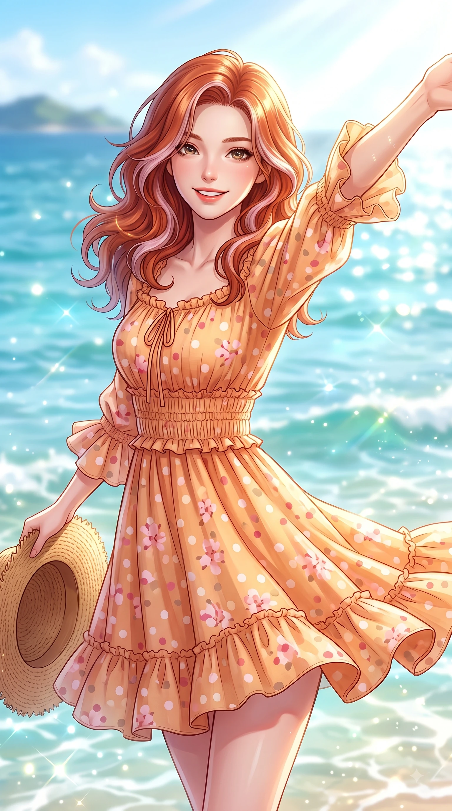 score_9, masterpiece, best quality, ultra-detailed, high-budget anime keyframe, editorial fashion photography, tasteful artistic composition, Caucasian woman. close-up cowboy shot from the waist and thighs up, the character dominates the composition, filling the frame with her large presence. Extending one arm in an elegant stretch toward the light while smiling with vibrant, youthful self-assurance while holding her straw sunhat lightly against the ocean breeze while smiling happily into the camera. The composition keeps background elements in soft focus with dreamy bokeh. sparkling turquoise sea waves and distant island horizons blurred into smooth ocean bokeh. She has an exceptionally elegant, slender, and willowy female figure with an ultra-slim waist, a gracefully sculpted slender torso, and a refined silhouette. sharp v-shaped jawline, high-bridge nose, intricate jewel-like eyes with depth, thick eyelashes, glossy lips with a natural sheen, flawlessly proportioned anatomical accuracy, natural body alignment, perfectly sculpted elegant limbs, clean dynamic posture without body distortion. wearing a bright apricot ruffled sundress with a subtle polka-dot pattern in cherry blossom pink and soft beige, crafted from soft breathable linen, accented with soft smocked details and fluttery cuffs, the breezy lightweight fabric fluttering softly against her delicate frame. bathed in brilliant tropical sunshine and glittering ocean water refractions. highly saturated vibrant anime colors, detailed shading with soft gradients, rich glossy textures, high-contrast stereoscopic depth, volumetric dynamic lighting, master piece, 9:16 ratio