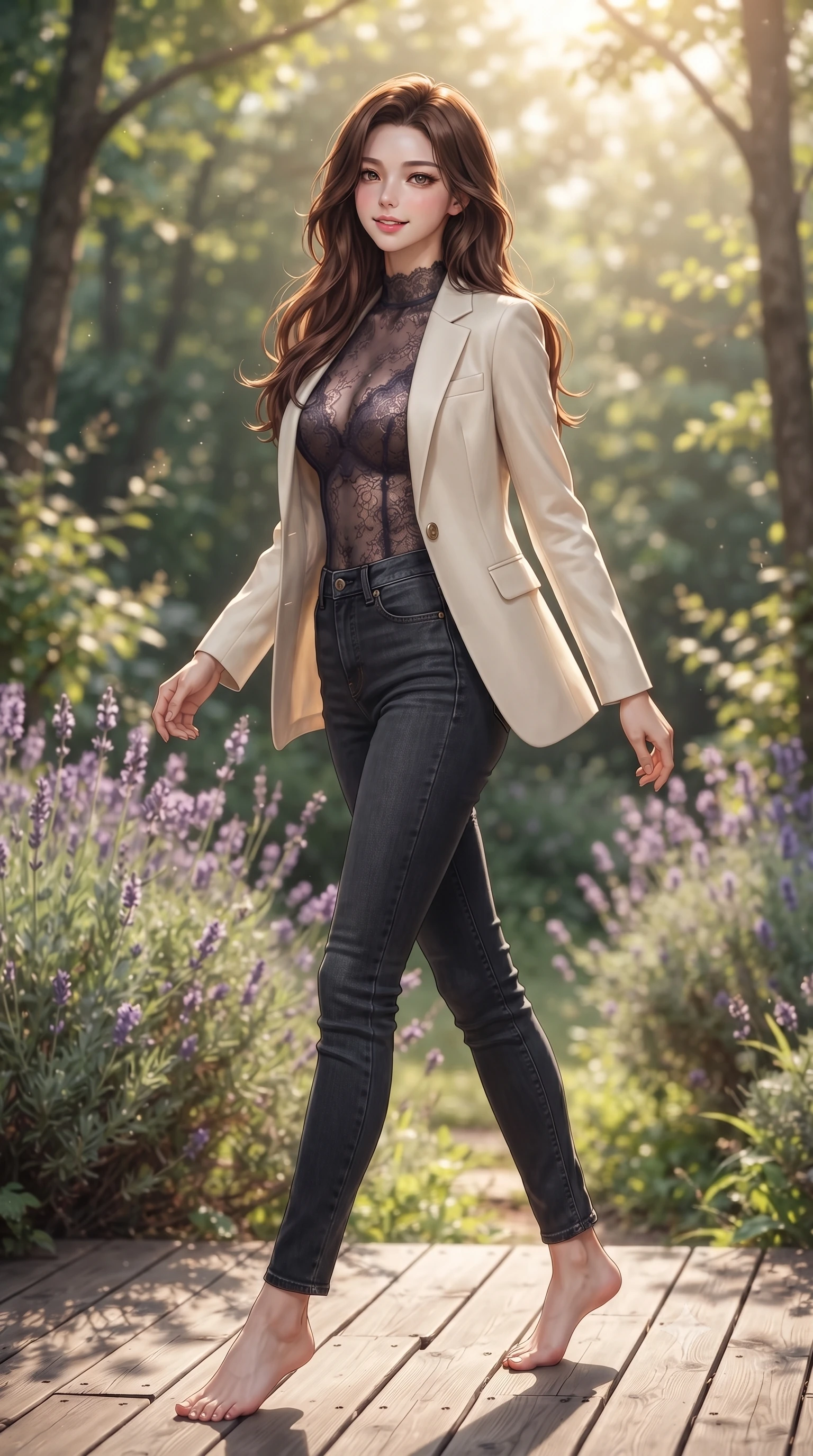 score_9, masterpiece, best quality, ultra-detailed, high-budget anime keyframe, editorial fashion photography, tasteful artistic composition, Korean woman. low angle full-body shot from head to toe showing her feet, filling the entire 9:16 vertical frame with her statuesque presence, stretching her vertical silhouette. stepping gracefully while looking back over her shoulder, her dress draped tightly to reveal her silhouette the background shows a soft-focus a private garden deck at a forest retreat, surrounded by wild lavender bushes. She has an absolutely perfect, statuesque 8.5-heads proportion, an exceptionally tall and slender model-like female figure with impossibly long slender legs and an ultra-slim waist. sharp v-shaped jawline, high-bridge nose, intricate jewel-like eyes with depth, thick eyelashes, glossy lips with a natural sheen. wearing a slim-fit semi-opaque dark lace bodysuit worn under a tailored open blazer and jeans. soft golden afternoon sunbeams, casting a peaceful country glow. ultra-reflective glossy finish, specular highlights, metallic sheen, high-contrast stereoscopic depth, volumetric dynamic lighting, 2k, ultra detail, master piece, 9:16 ratio