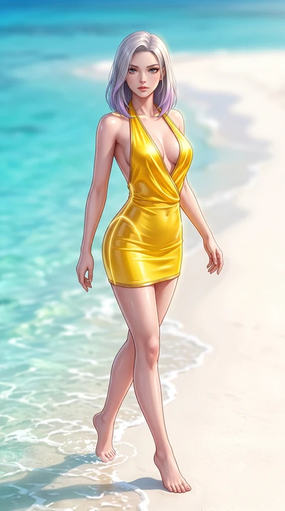 score_9, masterpiece, best quality, ultra-detailed, high-budget anime keyframe, semi-realistic 3D game render, editorial fashion photography, tasteful artistic composition, Caucasian woman. low angle full-body shot from head to toe showing her feet, 