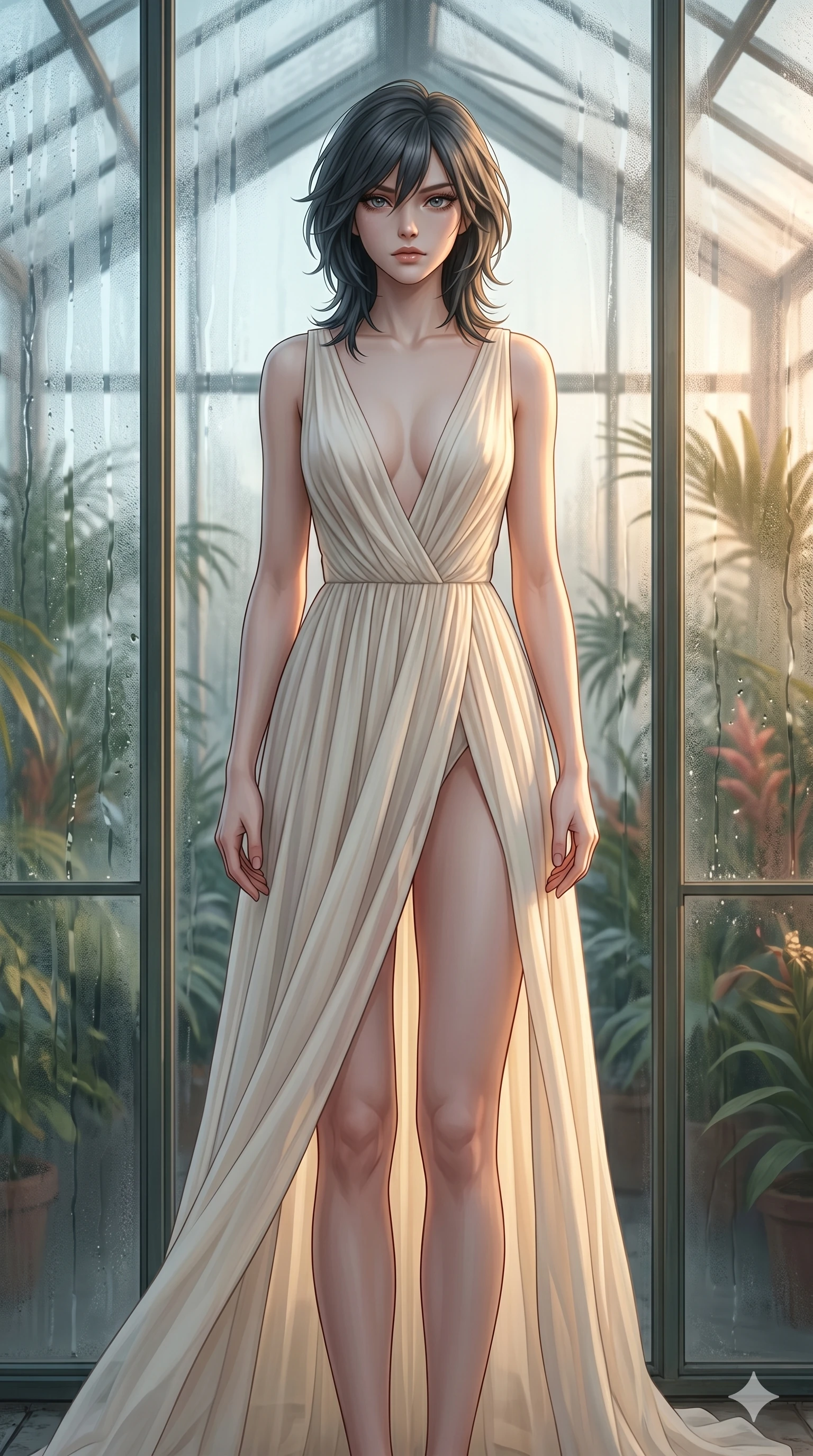 score_9, masterpiece, best quality, ultra-detailed, high-budget anime keyframe, editorial fashion photography, tasteful artistic composition, Caucasian woman, strictly human ears. cowboy shot from the thighs up, character and outfit filling the frame for maximum editorial presence. staring directly into the lens with a hollow, heartbroken look, her face pale and devoid of hope inside a glass-walled greenhouse with condensation trickling down the panes (Scenario Code S-52). She has an absolutely perfect 8-heads proportion, an exceptionally tall and slender female figure with impossibly long slender legs and an ultra-slim waist. V-shaped jawline, high-bridge nose, intricate jewel-like eyes with depth, thick eyelashes, glossy lips with a natural sheen. wearing a lightweight draped chiffon gown with a plunging V-neckline and a high front slit. drenched in a soft golden hour light that contrast with her mournful, sad expression. 2k, ultra detail, master piece, 9:16 ratio