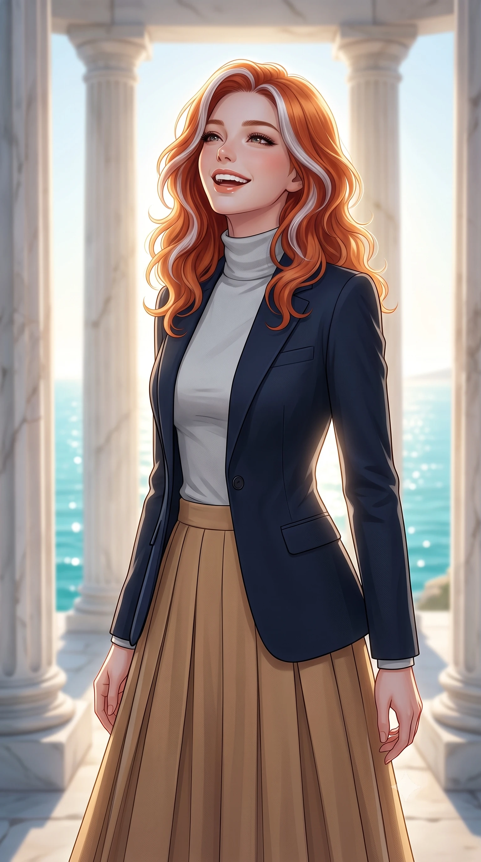 score_9, masterpiece, best quality, ultra-detailed, high-budget anime keyframe, editorial fashion photography, tasteful artistic composition, Caucasian woman, strictly human ears. close-up cowboy shot from the waist and thighs up, the character dominates the composition, filling the frame with her large presence, background elements kept in soft focus. Gently laughing with her head tilted back slightly in relaxed joy. set against a soft-focus background of standing among tall white marble columns of an oracle temple on a cliffside, overlooking a sparkling turquoise Mediterranean sea that stretches to the horizon. She has an exceptionally elegant, slender, and willowy female figure with a highly-defined ultra-slim waist, a gracefully sculpted slender torso, and a refined slim-fit silhouette that contours her form. sharp v-shaped jawline, high-bridge nose, intricate jewel-like eyes with depth, thick eyelashes, glossy lips with a natural sheen. wearing a sleek slim-fit navy blazer layered over a light grey turtleneck and a tailored pleated camel midi skirt. dramatic backlight creating a radiant halo effect around her entire silhouette. 2k, ultra detail, master piece, 9:16 ratio