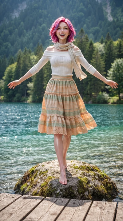 score_9, masterpiece, best quality, ultra-detailed, high-budget anime keyframe, editorial fashion photography, tasteful artistic composition, Caucasian woman. low angle full-body shot from head to toe showing her feet, filling the entire 9:16 vertica