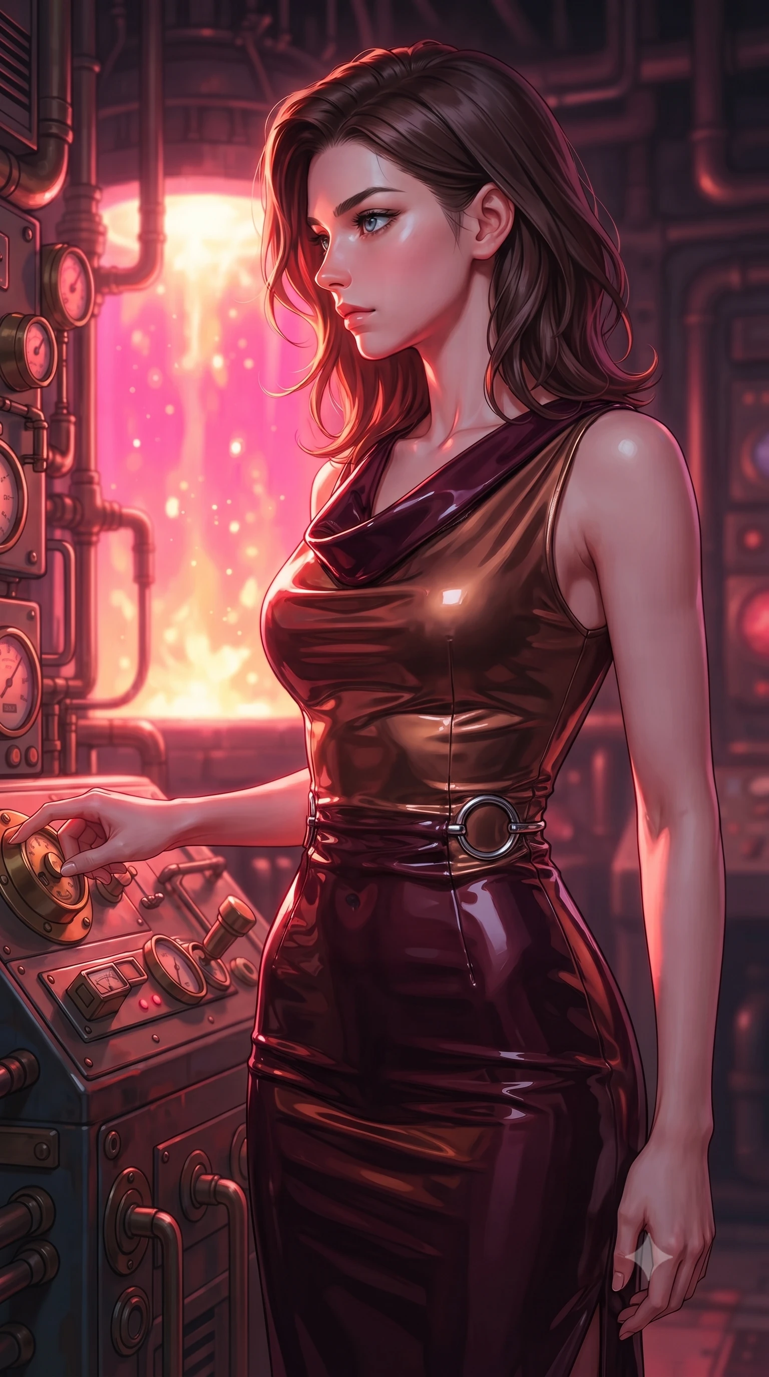 score_9, masterpiece, best quality, ultra-detailed, high-budget anime keyframe, editorial fashion photography, tasteful artistic composition, Korean woman. close-up cowboy shot from the waist and thighs up, the character dominates the composition, filling the frame with her large presence, background elements kept in soft focus. Turning her face in sharp dramatic profile against the bright light, showcasing her sharp v-shaped jawline adjusting a brass pressure dial inside a retro-futuristic power foundry, boiling liquid aurora energy radiating intense hot pink and orange light. She has an exceptionally elegant, slender, and willowy female figure with an ultra-slim waist, a gracefully sculpted slender torso, and a refined silhouette. sharp v-shaped jawline, high-bridge nose, intricate jewel-like eyes with depth, thick eyelashes, glossy lips with a natural sheen. wearing an elegant cowl-neck satin midi dress with a draped neckline in deep burgundy and bronze, tailored from high-gloss patent leather, accented with delicate chrome ring hardware framing her waist, the sleek second-skin texture accentuating her magnetic presence. bathed in hot pink and orange furnace glow with sharp bronze specular highlights. ultra-reflective glossy finish, specular highlights, metallic sheen, high-contrast stereoscopic depth, volumetric dynamic lighting, 2k, ultra detail, master piece, 9:16 ratio