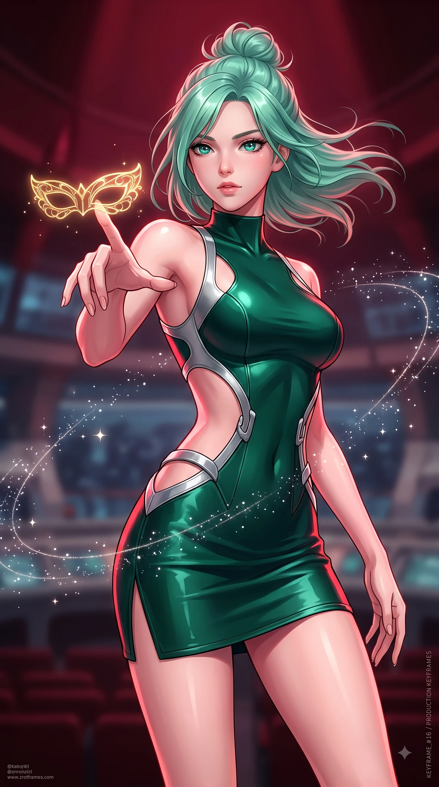 score_9, masterpiece, best quality, ultra-detailed, high-budget anime keyframe, editorial fashion photography, tasteful artistic composition, Japanese woman. close-up cowboy shot from the waist and thighs up, the character dominates the composition, filling the frame with her large presence, background elements kept in soft focus. Reaching one arm gracefully toward the camera with magnetic poise, displaying her statuesque silhouette while reaching her hand toward a glowing golden opera spectacle floating in zero-gravity, floating starlight dust drifting around her in dynamic orbital paths. She has an exceptionally elegant, slender, and willowy female figure with an ultra-slim waist, a gracefully sculpted slender torso, and a refined silhouette. sharp v-shaped jawline, high-bridge nose, intricate jewel-like eyes with depth, thick eyelashes, glossy lips with a natural sheen, flawlessly proportioned anatomical accuracy, natural body alignment, perfectly sculpted elegant limbs, clean dynamic posture without body distortion. wearing a dramatic open-waist cutout mini dress framed by sculptural hardware in deep emerald green and silver accent, formed from sleek second-skin neoprene, featuring clean architectural cutouts along her slender torso, the elegant draped fit framing her graceful clavicle and slender torso. bathed in deep crimson theatrical lighting with sharp specular highlights on every curve. highly saturated vibrant anime colors, detailed shading with soft gradients, rich glossy textures, high-contrast stereoscopic depth, volumetric dynamic lighting, master piece, 9:16 ratio