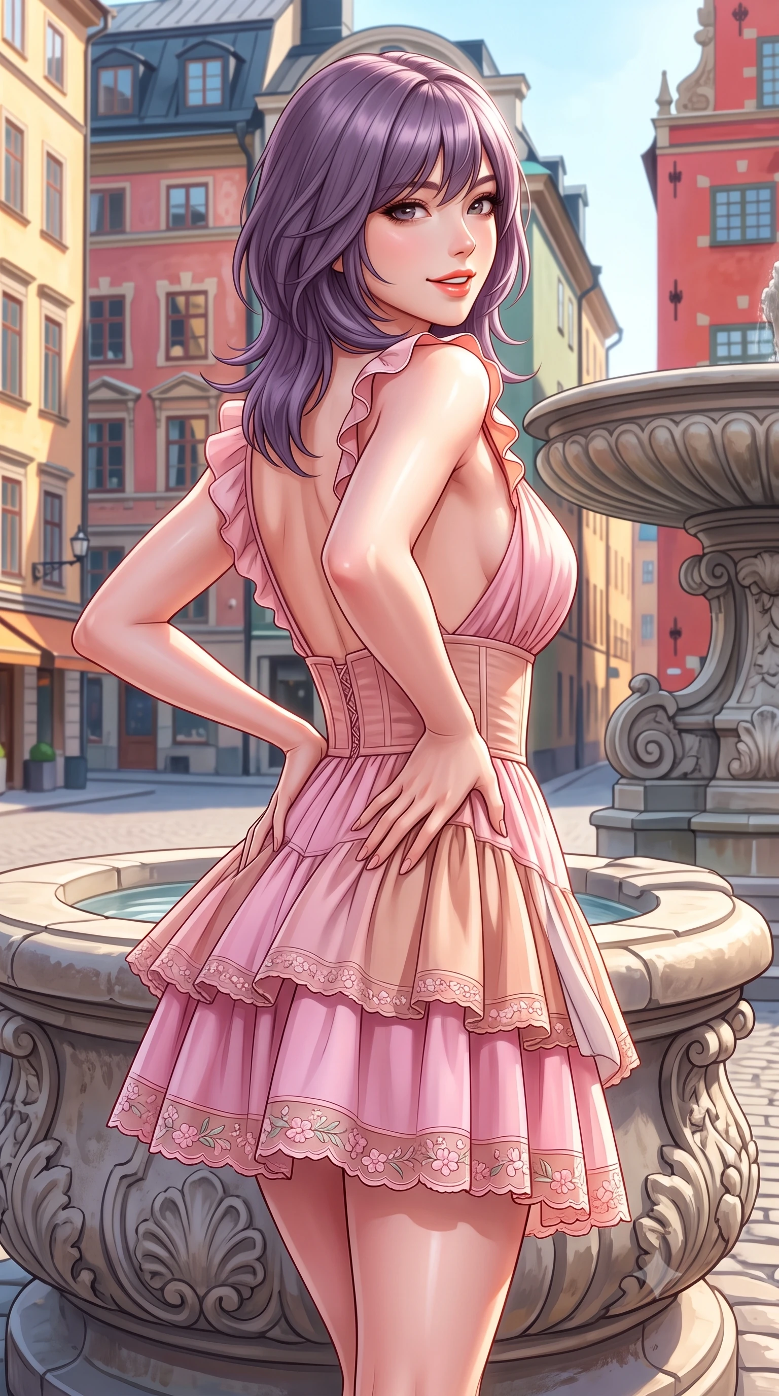 score_9, masterpiece, best quality, ultra-detailed, high-budget anime keyframe, semi-realistic 3D game render, editorial fashion photography, tasteful artistic composition, Japanese woman. close-up cowboy shot from the waist and thighs up, the character dominates the composition, filling the frame with her large presence. twisting her slender torso in an alluring contrapposto stance, one hand resting on her sculpted hip while flashing a radiant, playful smile with parted glossy lips while leaning against a carved stone fountain rim with hips cocked back, looking over a bare shoulder with an alluring, carefree girlhood gaze. The surrounding environment is rendered in vivid detail and crisp panoramic clarity. detailed pastel wool and silk outfit drape, crisp northern sun sheen on skin, and Gamla Stan architecture in high resolution. She has an exceptionally elegant, slender, and willowy female figure with an ultra-slim waist, flat toned midriff, narrow ribcage, and sculpted feminine hips creating an alluring, slim hourglass silhouette without bulk. sharp v-shaped jawline, high-bridge nose, intricate jewel-like sparkling eyes with depth, thick eyelashes, glossy parted lips with a natural peach sheen, bright cheerful beaming smile with an enchanting and coquettish sensual glint, exuding both youthful cute charm and seductive allure, flawlessly proportioned anatomical accuracy, strict slender model proportions, natural body alignment, perfectly sculpted long slender limbs, ultra-slim waistline, clean dynamic posture without body distortion. wearing a tiered ruffled chiffon mini dress with a fitted corseted waist and open back in cherry blossom pink and soft rose gold, tailored from crisp cotton poplin with clean structural lines, complemented by delicate embroidered floral trim along the hem, the liquid-tight tailored fabric clinging flawlessly to her narrow waist and rounded feminine hips, emphasizing every millimeter of her sculpted slim hourglass curves without any bulky heaviness. illuminated by vibrant painted facade bounce light contouring her razor-sharp jawline, narrow waist, and curvy hips. highly saturated vibrant anime colors, detailed shading with soft gradients, rich glossy textures, high-contrast stereoscopic depth, volumetric dynamic lighting, master piece, 9:16 ratio