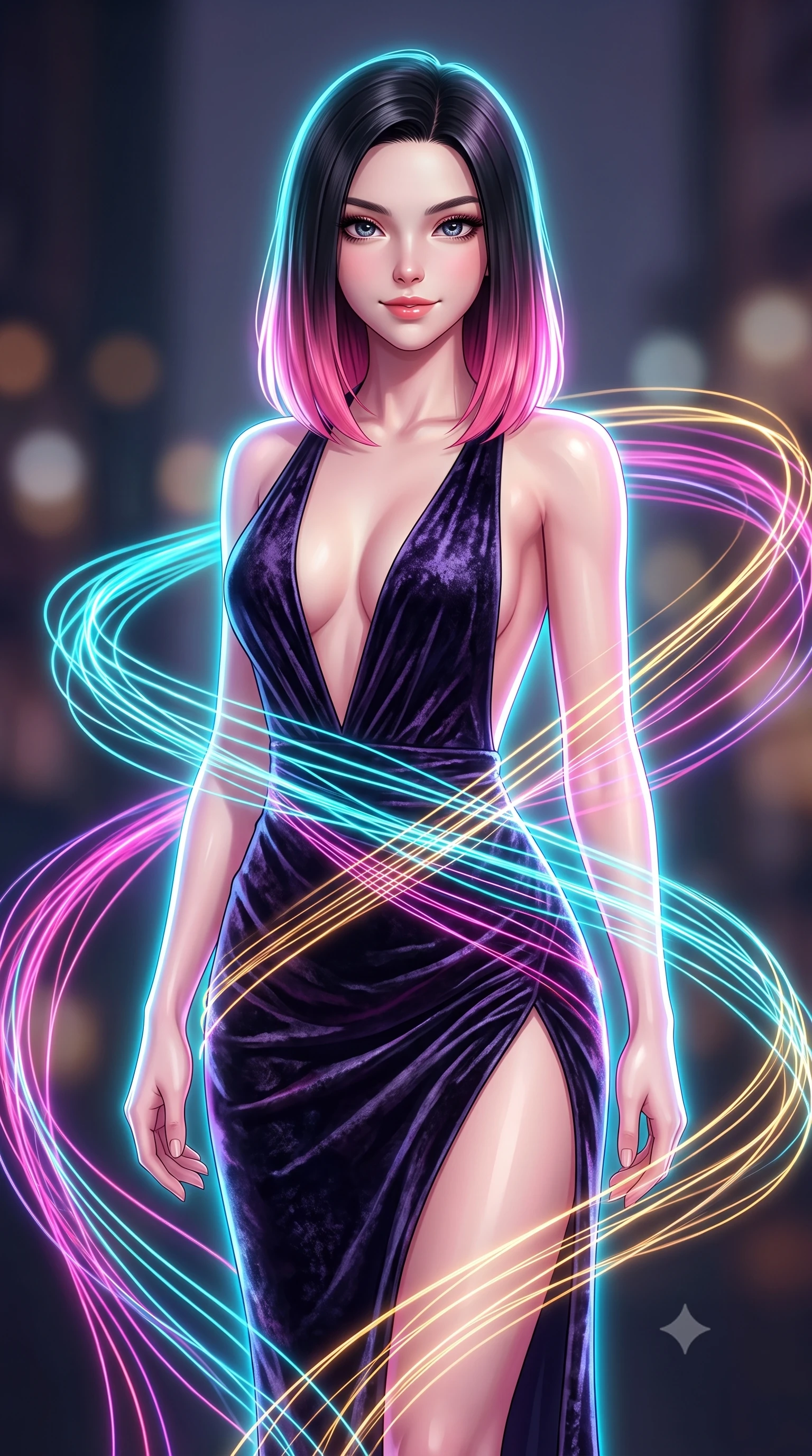 score_9, masterpiece, best quality, ultra-detailed, high-budget anime keyframe, editorial fashion photography, tasteful artistic composition, Korean woman. close-up cowboy shot from the waist and thighs up, the character dominates the composition, filling the frame with her large presence, background elements kept in soft focus. Smiling with quiet, magnetic self-assurance directly into the lens weaving a shimmering dress of light threads that flow around her figure, fluorescent cyan, magenta, and gold light threads crossing in 3D space. She has an exceptionally elegant, slender, and willowy female figure with an ultra-slim waist, a gracefully sculpted slender torso, and a refined silhouette. sharp v-shaped jawline, high-bridge nose, intricate jewel-like eyes with depth, thick eyelashes, glossy lips with a natural sheen. wearing a backless crushed velvet gown with a deep plunging V-neckline and a high thigh slit, the tailored fabric tightly following every curve of her athletic build. surrounded by a vibrant fluorescent aura with bright rim highlights. highly saturated vibrant anime colors, detailed shading with soft gradients, rich glossy textures, high-contrast stereoscopic depth, volumetric dynamic lighting, master piece, 9:16 ratio