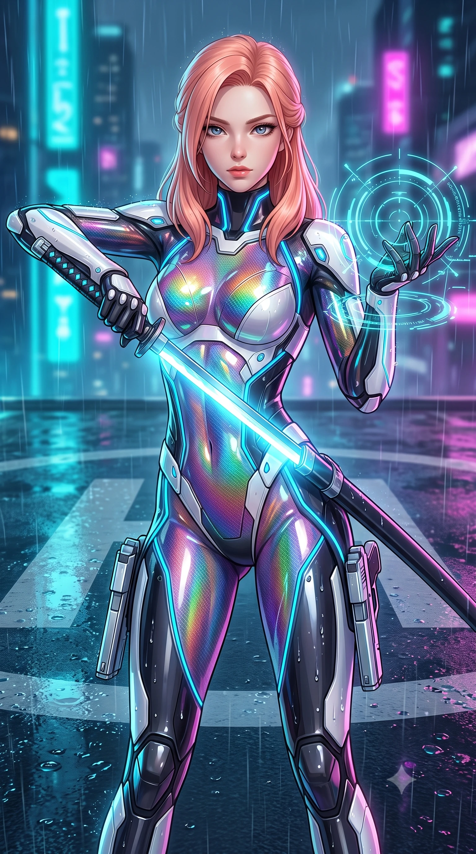score_9, masterpiece, best quality, ultra-detailed, high-budget anime keyframe, semi-realistic 3D game render, editorial fashion photography, tasteful artistic composition, Japanese woman. close-up cowboy shot from the waist and thighs up, the character dominates the composition, filling the frame with her large presence. extending one arm gracefully as glowing holographic targeting reticles and data streams orbit her fingertips with sovereign power while sheathing her sleek plasma katana with effortless supermodel poise while casting a sovereign, captivating direct gaze into the lens. The surrounding environment is rendered in vivid detail and crisp panoramic clarity. sharp raindrop beads on polished carbon armor, razor-sharp glowing plasma blade edge, and wet helipad surface in deep focus. She has an exceptionally elegant, slender, and willowy female figure with an ultra-slim waist, a gracefully sculpted slender torso, toned flat midriff, and a refined slim silhouette. sharp v-shaped jawline, high-bridge nose, intricate jewel-like eyes with depth, thick eyelashes, glossy lips with a natural sheen, flawlessly proportioned anatomical accuracy, strict slender model proportions, natural body alignment, perfectly sculpted long slender limbs, ultra-slim waistline, clean dynamic posture without body distortion. wearing a high-gloss iridescent rainbow carbon-weave bodysuit with translucent cybernetic panels, brandishing dual sleek chrome particle beam pistols in a dynamic combat stance in glacial ice-cyan carbon mesh with pure white armor plates, formed from high-gloss patent carbon-plating with specular chiaroscuro reflections, accented with glowing fiber-optic conduits tracing her collarbones and hip curves, the sleek second-skin cut tightly hugging her graceful clavicle, narrow waist, and feminine curves with athletic precision. bathed in vivid high-contrast neon cyan and magenta city backlighting with electric blade glow. rich saturated anime colors with glowing neon highlights, detailed shading with soft gradients, rich glossy textures, high-contrast stereoscopic depth, volumetric dynamic lighting, master piece, 9:16 ratio