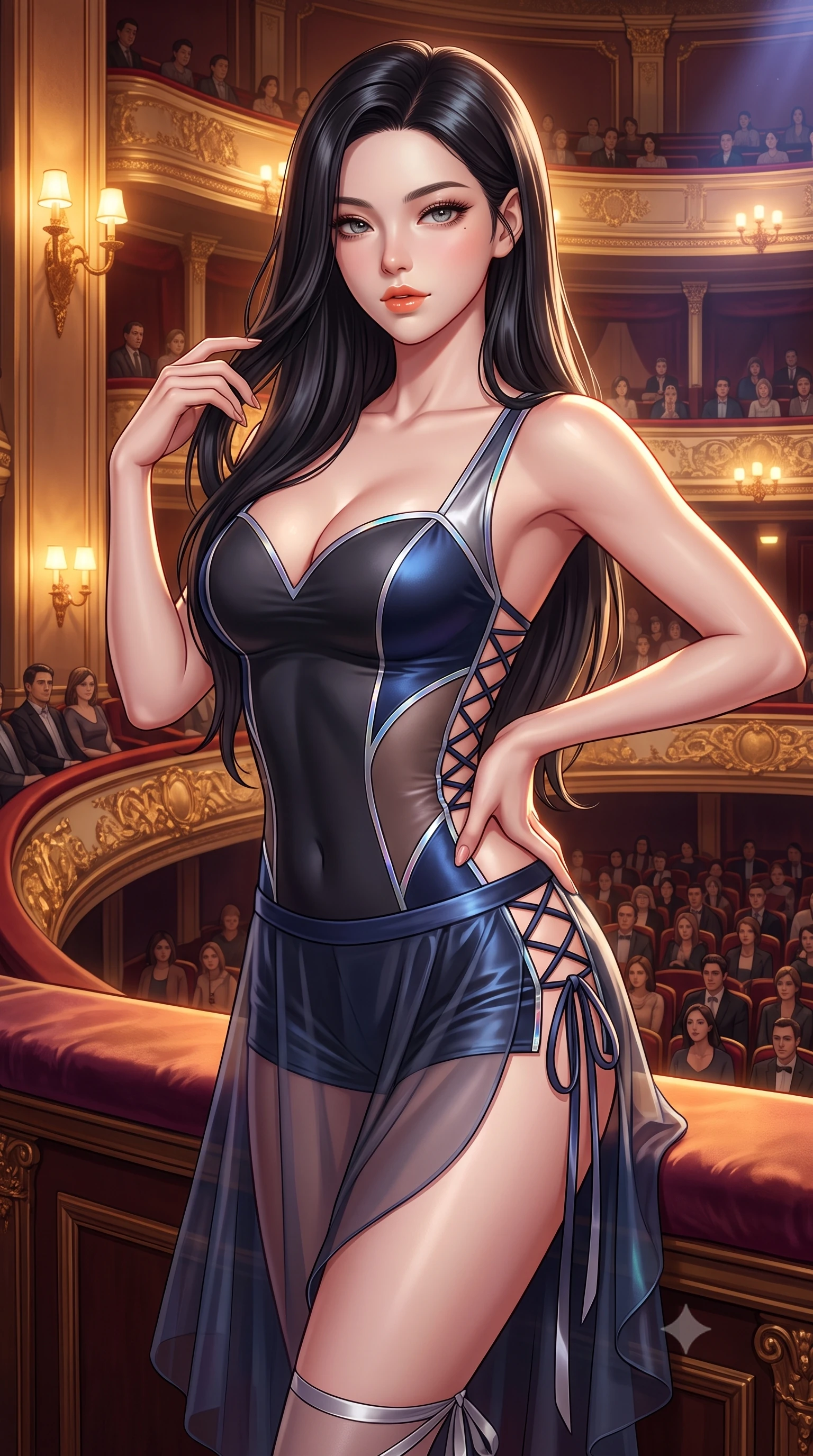 score_9, masterpiece, best quality, ultra-detailed, high-budget anime keyframe, semi-realistic 3D game render, editorial fashion photography, tasteful artistic composition, Korean woman. close-up cowboy shot from the waist and thighs up, the character dominates the composition, filling the frame with her large presence. twisting her slender torso in an alluring contrapposto stance, one hand resting on her sculpted hip while her fingers toy with her hair with effortless poise while leaning against the plush velvet box ledge with hips cocked back, looking over the horseshoe auditorium with smoldering bedroom-eyes. The surrounding environment is rendered in vivid detail and crisp panoramic clarity: detailed sheer ballet wrap skirt, satin ribbon ankle ties, and opulent theater craftsmanship in razor-sharp resolution. She has an exceptionally elegant, slender, and willowy female figure with an ultra-slim waist, flat toned midriff, narrow ribcage, and sculpted feminine hips creating an alluring, slim hourglass silhouette without bulk. sharp v-shaped jawline, high-bridge nose, sparkling eyes with hypnotic seductive depth, thick curled eyelashes, glossy parted lips with a natural dewy peach sheen, alluring bedroom-eyes with an enchanting coquettish smile, exuding magnetic siren charisma and sophisticated glamour, flawlessly proportioned anatomical accuracy, strict slender model proportions, natural body alignment, perfectly sculpted long slender limbs, ultra-slim waistline, clean dynamic posture without body distortion. wearing a deep sweetheart-neckline matte-carbon bodycon romper with sheer side-torso cutouts accentuating her hourglass curves in deep sapphire navy and metallic silver with holographic trims, crafted from fluid liquid silk satin that clings smoothly to every curve with a dewy sheen, finished with fine criss-cross lace-up side ties revealing tantalizing glimpses of her hip curve, the glove-like clinging cut tightly following the natural contour of her hips and long slender legs with youthful 8.5-heads elegance. bathed in warm amber light spilling from gilded sconces mixed with stage illumination bounce. highly saturated vibrant anime colors, detailed shading with soft gradients, rich glossy textures, high-contrast stereoscopic depth, volumetric dynamic lighting, master piece, 9:16 ratio