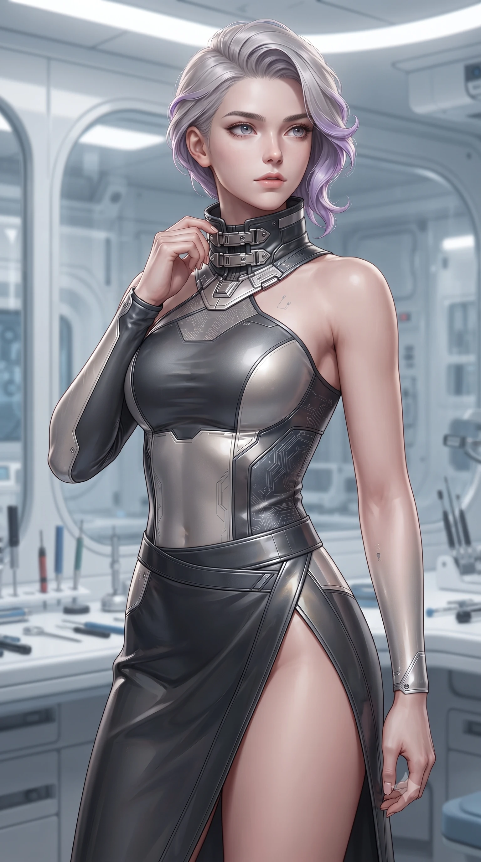 score_9, masterpiece, best quality, ultra-detailed, high-budget anime keyframe, editorial fashion photography, tasteful artistic composition, Caucasian woman. close-up cowboy shot from the waist and thighs up, the character dominates the composition, filling the frame with her large presence, background elements kept in soft focus. adjusting the high collar of her body-hugging suit, looking past the camera with quiet, sharp focus and a composed expression, the background shows a soft-focus an extraction cleanroom with composite panels, glass windows, and tools. She has an exceptionally elegant, slender, and willowy female figure with an ultra-slim waist, a gracefully sculpted slender torso, and a refined silhouette. sharp v-shaped jawline, high-bridge nose, intricate jewel-like eyes with depth, thick eyelashes, glossy lips with a natural sheen. wearing a body-hugging asymmetric one-shoulder nanotech bodice paired with a daring high-slit tactical utility wrap skirt. crisp, highly-diffused daylight creating a high-key clean glow in the space. ultra-reflective glossy finish, specular highlights, metallic sheen, high-contrast stereoscopic depth, volumetric dynamic lighting, 2k, ultra detail, master piece, 9:16 ratio