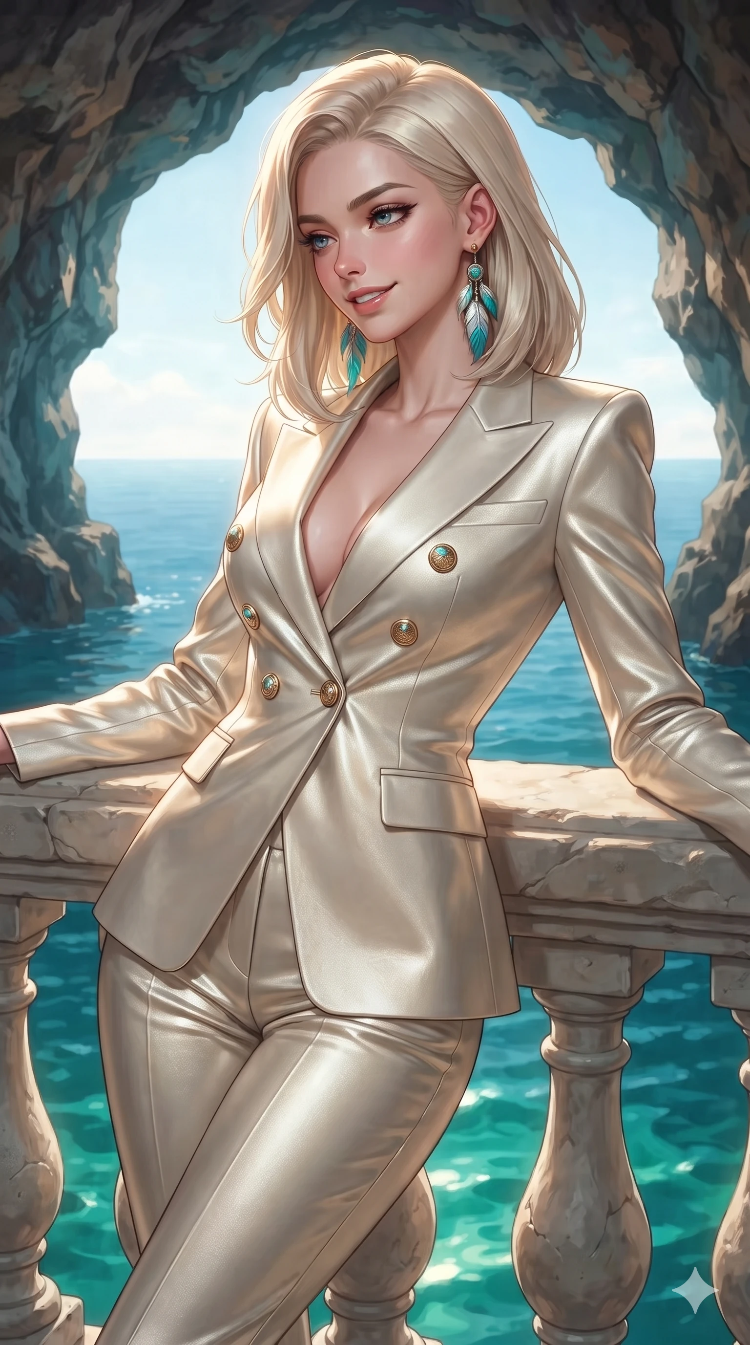 score_9, masterpiece, best quality, ultra-detailed, high-budget anime keyframe, editorial fashion photography, tasteful artistic composition, Caucasian woman. close-up cowboy shot from the waist and thighs up, the character dominates the composition, filling the frame with her large presence. leaning back against the balustrade with relaxed seductive grace, head tilted back slightly while casting a hypnotic, heavy-lidded gaze while leaning against the sculpted stone portal with hips cocked back, looking through the sea cave opening with heavy-lidded seductive bedroom-eyes. The surrounding environment is rendered in vivid detail and crisp panoramic clarity: detailed liquid metallic lamé one-piece tailoring, hip-high side cutouts, and sea cavern geology in razor-sharp precision. She has an exceptionally elegant, slender, and willowy female figure with an ultra-slim waist, flat toned midriff, narrow ribcage, and sculpted feminine hips creating an alluring, slim hourglass silhouette without bulk. sharp v-shaped jawline, high-bridge nose, sparkling eyes with hypnotic seductive depth, thick curled eyelashes, glossy parted lips with a natural dewy peach sheen, alluring bedroom-eyes with an enchanting coquettish smile, exuding magnetic siren charisma and sophisticated glamour, flawlessly proportioned anatomical accuracy, strict slender model proportions, natural body alignment, perfectly sculpted long slender limbs, ultra-slim waistline, clean dynamic posture without body distortion. wearing a structured Riviera tailored pantsuit in liquid ivory silk with golden nautical button accents in Saint-Tropez azure and sparkling champagne ivory, crafted from luxurious metallic lamé that shifts radiance with every step, accented with turquoise and silver bohemian feather earrings swaying near her bare neck, the impeccably tailored cut draping gracefully along her slender figure with aristocratic resort poise. illuminated by jade water bounce and sharp golden-emerald rim lights defining her razor-sharp jawline, narrow waist, and curvy hips. ultra-reflective glossy finish, specular highlights, rich textural contrasts, high-contrast stereoscopic depth, volumetric dynamic lighting, 2k, ultra detail, master piece, 9:16 ratio