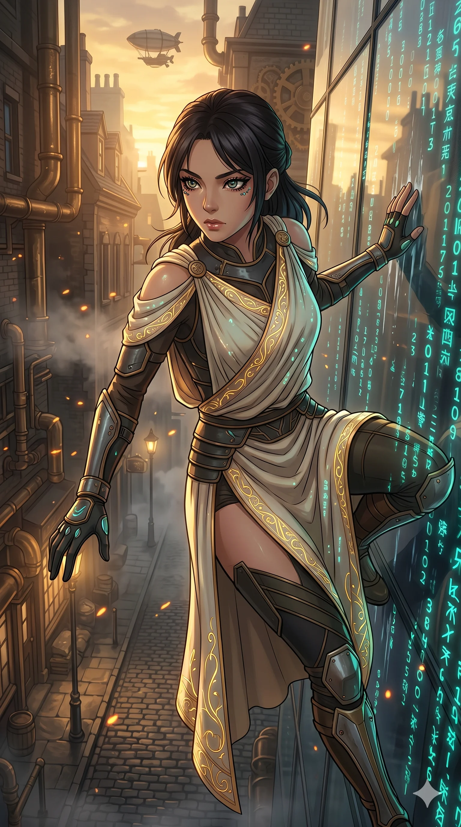 score_9, masterpiece, best quality, ultra-detailed, Set A: High-budget Anime Keyframe, Korean woman. Upper body close-up from the thighs up, character filling the screen for maximum presence. Theme: Urban Decay. sliding down a glass skyscraper in a steampunk London alleyway, as a digital rain of 167 symbols washes over her. The atmosphere is filled with golden hour with floating embers. She has an absolutely perfect 8-heads proportion, an exceptionally tall and slender female figure with impossibly long slender legs and an ultra-slim waist. Sharp v-shaped jawline, high-bridge nose, intricate jewel-like eyes with depth, glossy lips. Wearing Ancient Roman-style tech-toga with glowing gold filigree and a high side slit. Cinematic lighting, vivid colors, dramatic shadows, 2k, ultra detail, master piece, 9:16 ratio