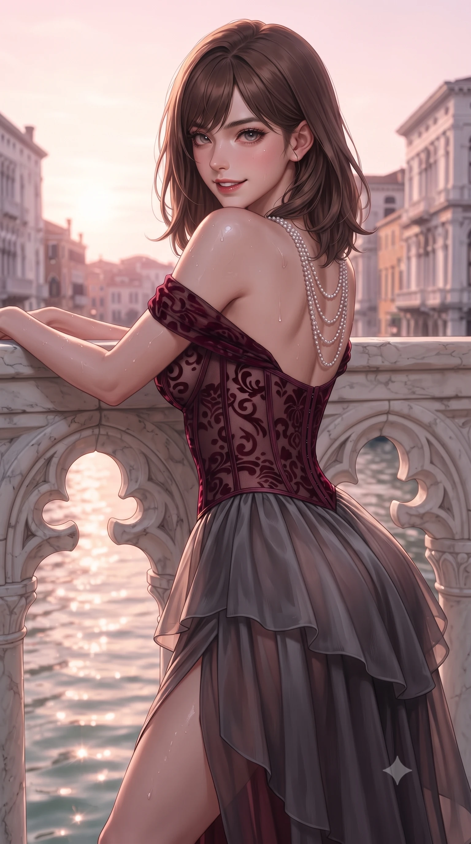 score_9, masterpiece, best quality, ultra-detailed, high-budget anime keyframe, editorial fashion photography, tasteful artistic composition, Korean woman. close-up cowboy shot from the waist and thighs up, the character dominates the composition, filling the frame with her large presence. turning over a bare shoulder with an intoxicating, teasing smile, her soft hair framing her sharp jawline as her hips angle gracefully while leaning against the carved gothic quatrefoil marble tracery directly above the water, arching her lower back as sunset paints the Grand Canal in gold. The surrounding environment is rendered in vivid detail and crisp panoramic clarity. detailed lace gown drape folds, water glints on skin, and Grand Canal architectural clarity in high resolution. She has an exceptionally elegant, slender, and willowy female figure with an ultra-slim waist, flat toned midriff, narrow ribcage, and sculpted feminine hips creating an alluring, slim hourglass silhouette without bulk. sharp v-shaped jawline, high-bridge nose, intricate jewel-like eyes with depth, thick eyelashes, glossy parted lips with a natural sheen, intensely captivating and seductive bedroom-eyes expression, flawlessly proportioned anatomical accuracy, strict slender model proportions, natural body alignment, perfectly sculpted long slender limbs, ultra-slim waistline, clean dynamic posture without body distortion. wearing an off-shoulder French court corset bodice dress paired with a tiered translucent chiffon slit skirt in deep wine burgundy and brushed dark platinum, made of sheer contouring power-mesh with velvet flocking patterns, accented with a multi-strand pearl back necklace cascading down her bare spine to her hips, the second-skin form-contouring cut accentuating her sculpted flat midriff, narrow delicate ribcage, and gracefully curvy hips with supermodel precision. bathed in luminous pastel sunset pink and gold light reflecting off the Grand Canal waters. ultra-reflective glossy finish, specular highlights, rich textural contrasts, high-contrast stereoscopic depth, volumetric dynamic lighting, 2k, ultra detail, master piece, 9:16 ratio
