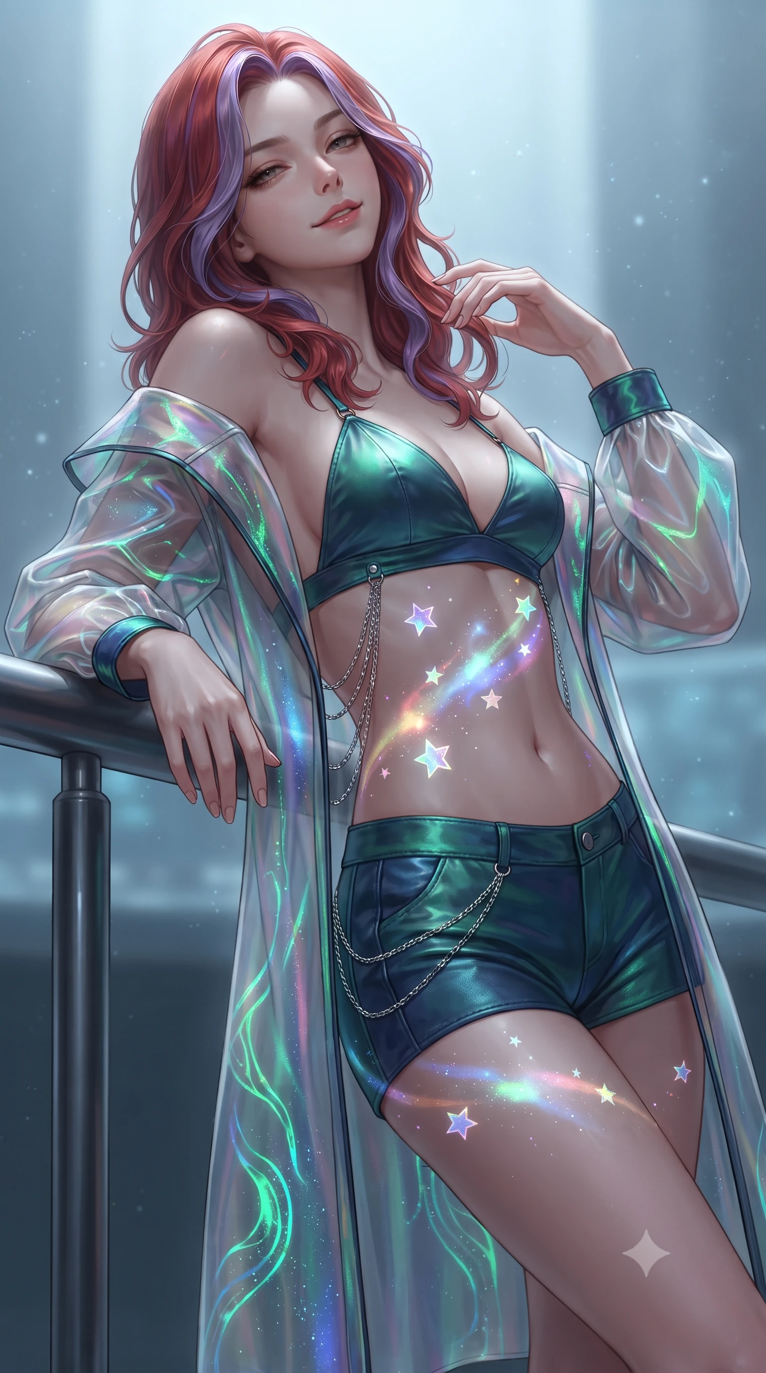 score_9, masterpiece, best quality, ultra-detailed, high-budget anime keyframe, editorial fashion photography, tasteful artistic composition, Caucasian woman. close-up cowboy shot from the waist and thighs up, the character dominates the composition, filling the frame with her large presence. leaning back against the balustrade with relaxed seductive grace, head tilted back slightly while casting a hypnotic, heavy-lidded gaze while twisting her slender torso in an alluring S-curve, floating holographic stars and nebulae casting celestial light ribbons across her flat midriff and hourglass curves. The background shows a soft-focus cool atmospheric particulate glow softened in supreme command war-room shallow focus. She has an exceptionally elegant, slender, and willowy female figure with an ultra-slim waist, flat toned midriff, narrow ribcage, and sculpted feminine hips creating an alluring, slim hourglass silhouette without bulk. sharp v-shaped jawline, high-bridge nose, intricate jewel-like sparkling eyes with depth, thick eyelashes, glossy parted lips with a natural peach sheen, bright cheerful beaming smile with an enchanting and coquettish sensual glint, exuding both youthful cute charm and seductive allure, flawlessly proportioned anatomical accuracy, strict slender model proportions, natural body alignment, perfectly sculpted long slender limbs, ultra-slim waistline, clean dynamic posture without body distortion. wearing a translucent iridescent organza tactical robe slipping off bare shoulders over a matching satin micro-bralette and combat shorts in bioluminescent emerald and abyssal sapphire, woven from buttery-soft stretch lambskin leather adhering to her body like a second skin, accented with an open-back drape framed by falling strands of delicate chrome chains, the liquid-tight tailored fabric clinging flawlessly to her narrow waist and rounded feminine hips, emphasizing every millimeter of her sculpted slim hourglass curves without any bulky heaviness. bathed in the multi-colored celestial glow of the rotating holographic star system contrasted with subtle floor-level warm lights. ultra-reflective glossy finish, specular highlights, rich textural contrasts, high-contrast stereoscopic depth, volumetric dynamic lighting, 2k, ultra detail, master piece, 9:16 ratio