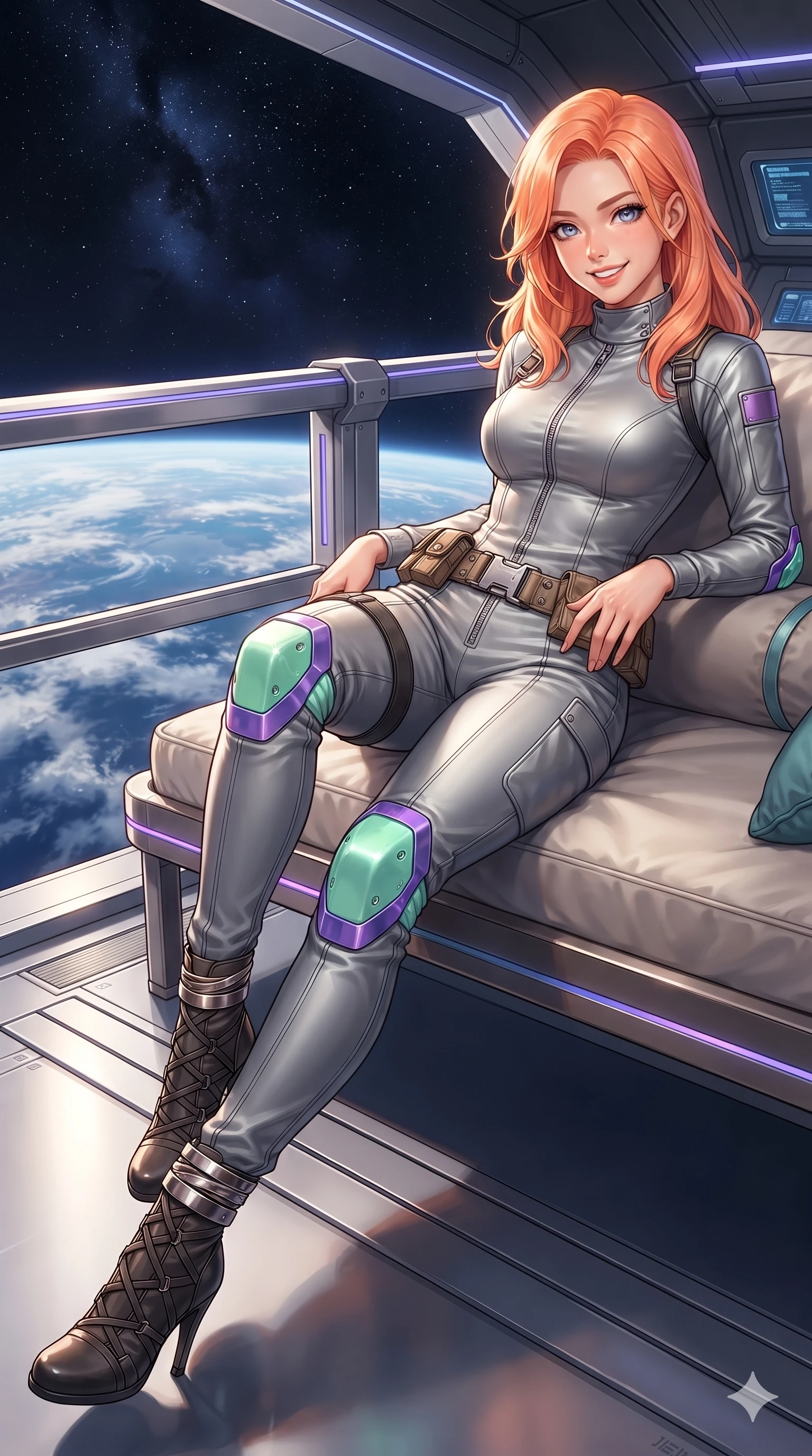 score_9, masterpiece, best quality, ultra-detailed, high-budget anime keyframe, editorial fashion photography, tasteful artistic composition, Japanese woman. close-up cowboy shot from the waist and thighs up, the character dominates the composition, filling the frame with her large presence. resting both hands lightly on her tactical utility belt, arching her spine to highlight her narrow waist, flat midriff, and breathtaking collarbones while lounging gracefully on the cantilevered balcony daybed propped on one elbow with legs extended, displaying her statuesque 8.5-heads silhouette against the cosmos. The surrounding environment is rendered in vivid detail and crisp panoramic clarity: sharp platinum balustrade bevels, micro-welded titanium deck plates, and crisp cloud swirling details on the planet below in deep focus. She has an exceptionally elegant, slender, and willowy female figure with an ultra-slim waist, flat toned midriff, narrow ribcage, and sculpted feminine hips creating an alluring, slim hourglass silhouette without bulk. sharp v-shaped jawline, high-bridge nose, intricate jewel-like sparkling eyes with depth, thick eyelashes, glossy parted lips with a natural sheen, bright confident smile with an enchanting and coquettish sensual glint, exuding both youthful magnetic charm and sovereign high-tech allure, flawlessly proportioned anatomical accuracy, strict slender model proportions, natural body alignment, perfectly sculpted long slender limbs, ultra-slim waistline, clean dynamic posture without body distortion. wearing a high-neck tactical reconnaissance jumpsuit with reinforced knee and elbow articulation guards in phosphorescent ultraviolet amethyst and mint green, tailored from brushed aeronautical titanium alloy with matte satin sheen, complemented by strappy stiletto combat boots with metallic ankle wraps accentuating her slender calves, the bespoke structured tailoring following the natural line of her 8.5-heads silhouette with refined elegance. illuminated by deck bounce and sharp sapphire-platinum rim lights defining her razor-sharp jawline, narrow waist, and curvy hips. ultra-reflective glossy finish, specular highlights, rich textural contrasts, high-contrast stereoscopic depth, volumetric dynamic lighting, 2k, ultra detail, master piece, 9:16 ratio