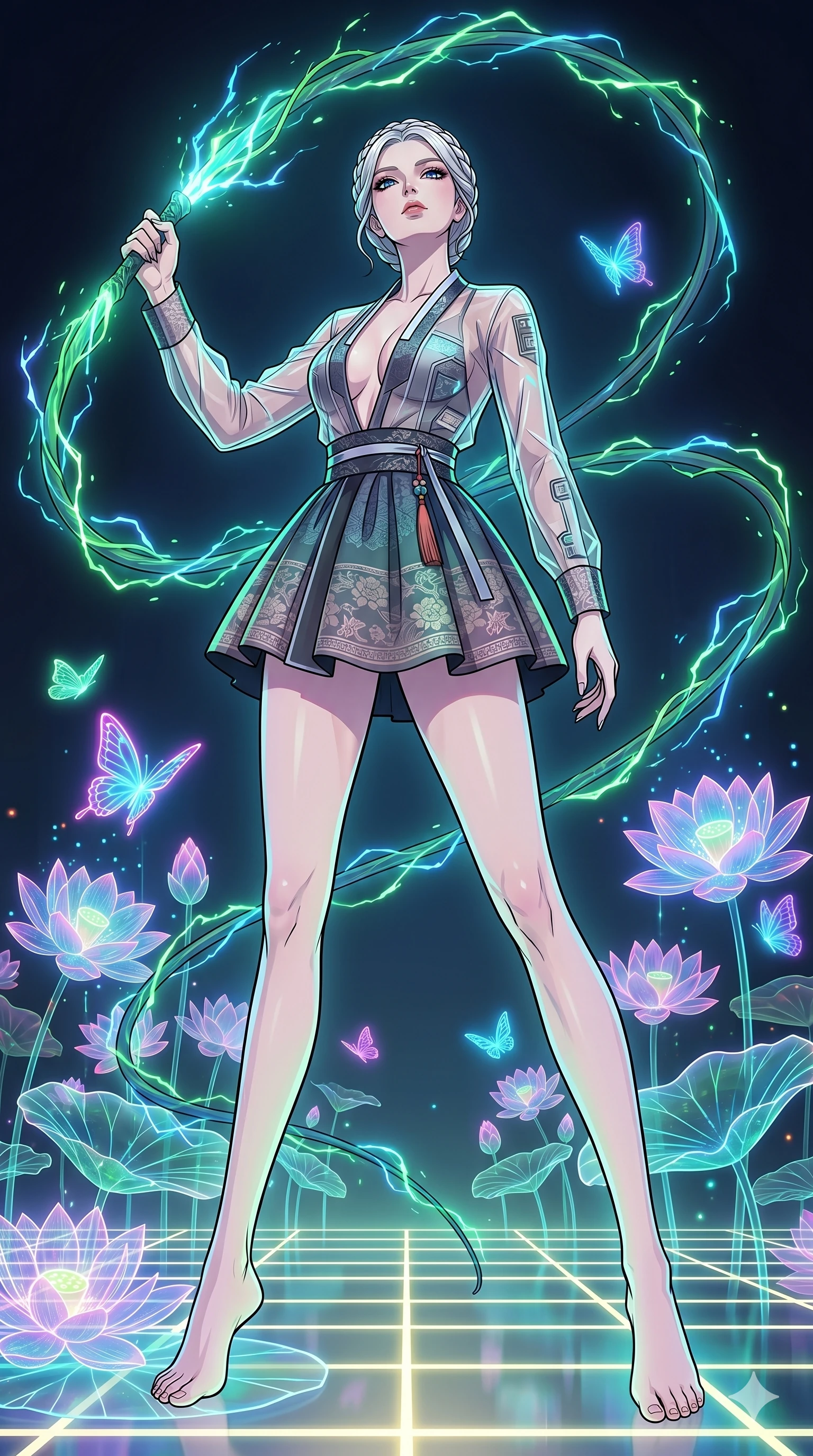 score_9, masterpiece, best quality, ultra-detailed, High-budget Anime Keyframe, vibrant colors, fluid line-art, expressive lighting, cinematic composition, Ufotable-style visual effects, top-tier animation quality, Korean woman with idol-like refined features. Low angle cowboy shot filling the entire 9:16 frame with her statuesque presence, looking up to emphasize her height. Wielding a glowing vine whip that crackles with bioluminescent energy, devoid of thorns. She has an absolutely perfect 8-heads proportion, an exceptionally tall and slender female figure with impossibly long slender legs and an ultra-slim waist, her statuesque height and towering silhouette dominating the vertical 9:16 frame. Her face is a masterpiece featuring a sharp v-shaped jawline, high-bridge nose, intricate jewel-like eyes with depth, thick eyelashes, and glossy lips with a natural sheen. She is wearing a Shortened cyber-hanbok skirt with a transparent jeogori, deep plunging neckline, and traditional silk patterns printed on modern tech-fabrics.. The scene is set in a digital garden filled with holographic lotus flowers and neon butterflies. 2k, ultra detail, master piece, 9:16 ratio